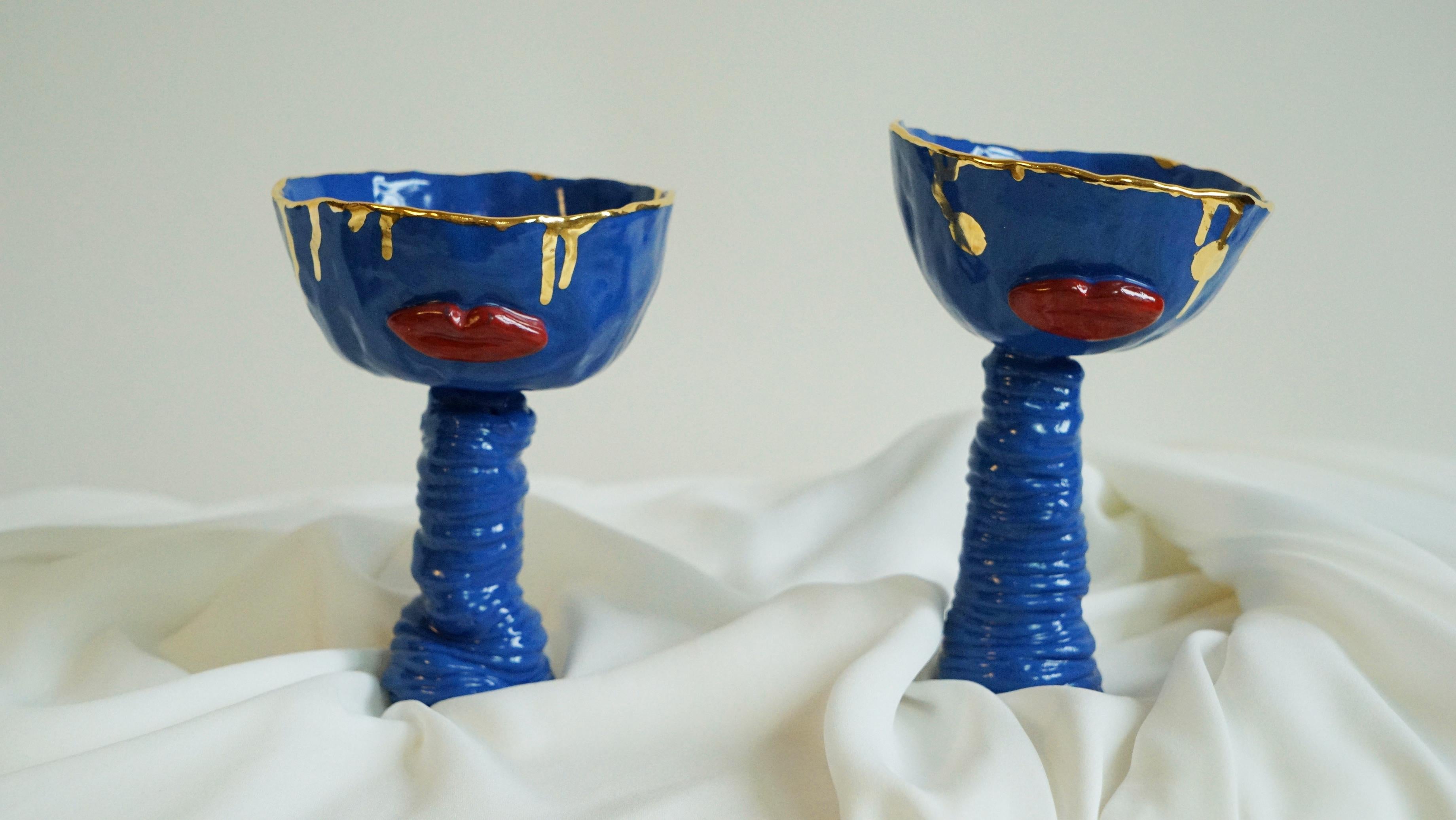 Hand-Crafted Pair of Lips Cocktail Cups in Blue Porcelain by Hania Jneid For Sale