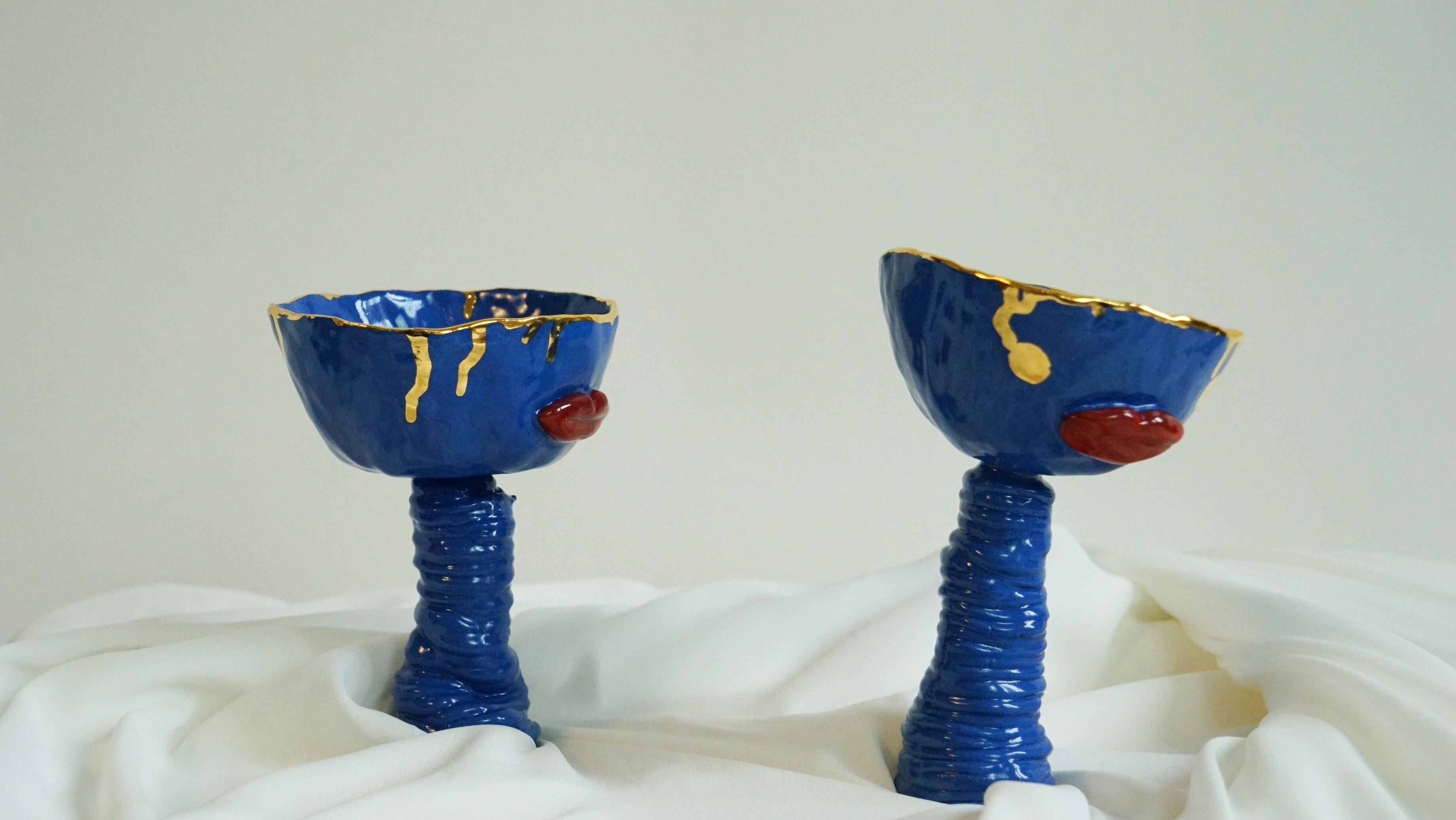 Spagnolo Bicchieri da vino in porcellana blu di Hania Jneid in vendita