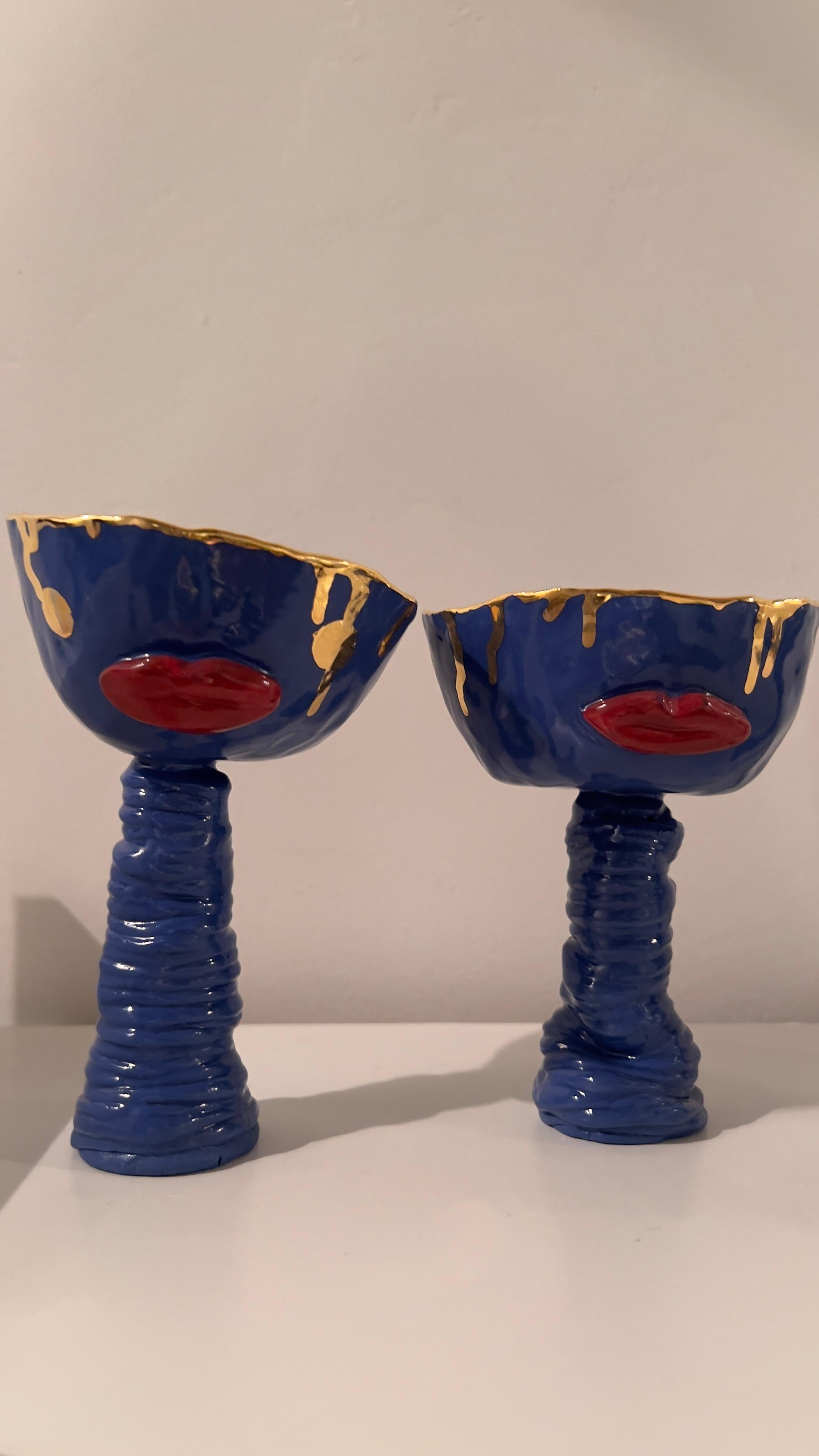 XXI secolo e contemporaneo Bicchieri da vino in porcellana blu di Hania Jneid in vendita