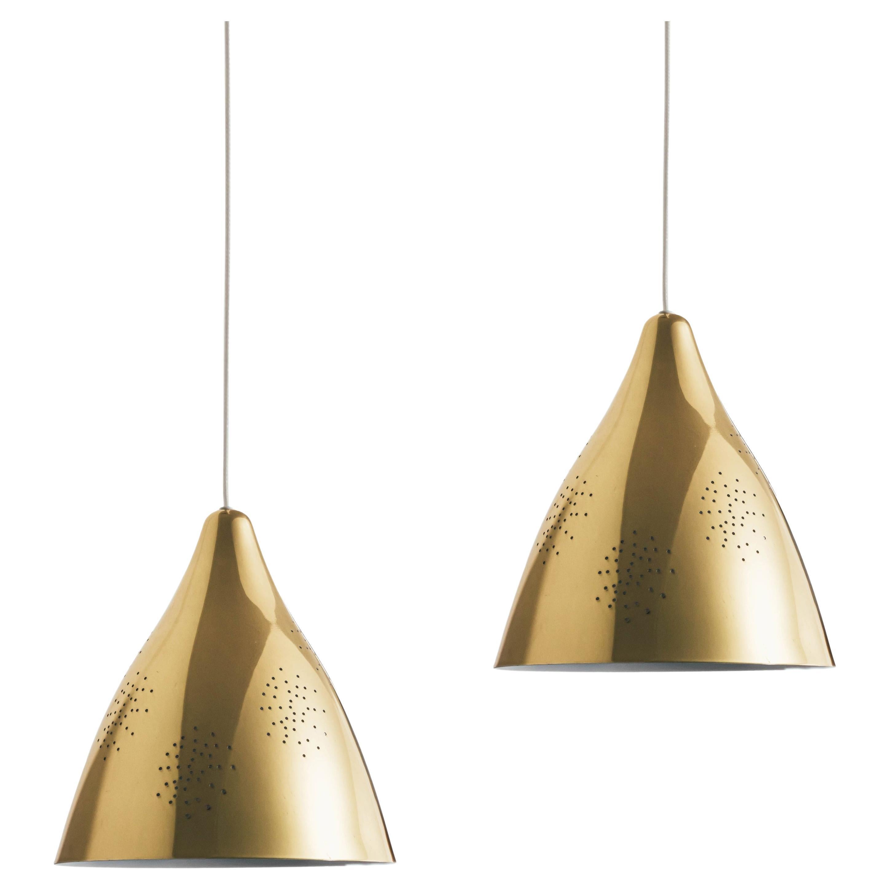 Pair of Lisa Johansson-Pape '270' Perforated Polished Brass Pendants For Sale