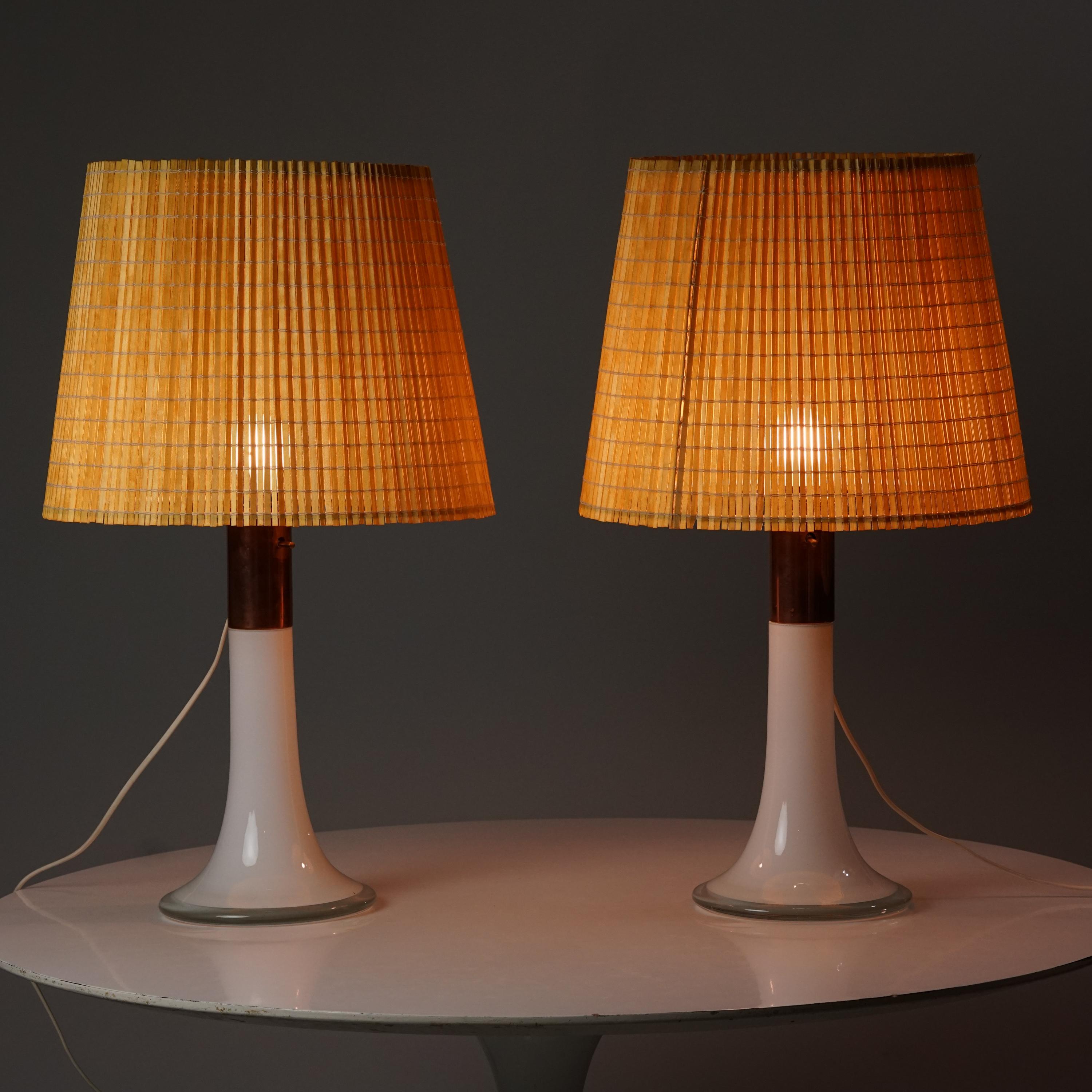 Pair of glass lamps, design by Lisa Johansson-Pape, manufactured by Orno Oy, 1960s. Glass frame, copper details, new wooden slat shades. Good vintage condition, minor patina consistent with age and use. 

Lisa Johansson-Pape is one of the most
