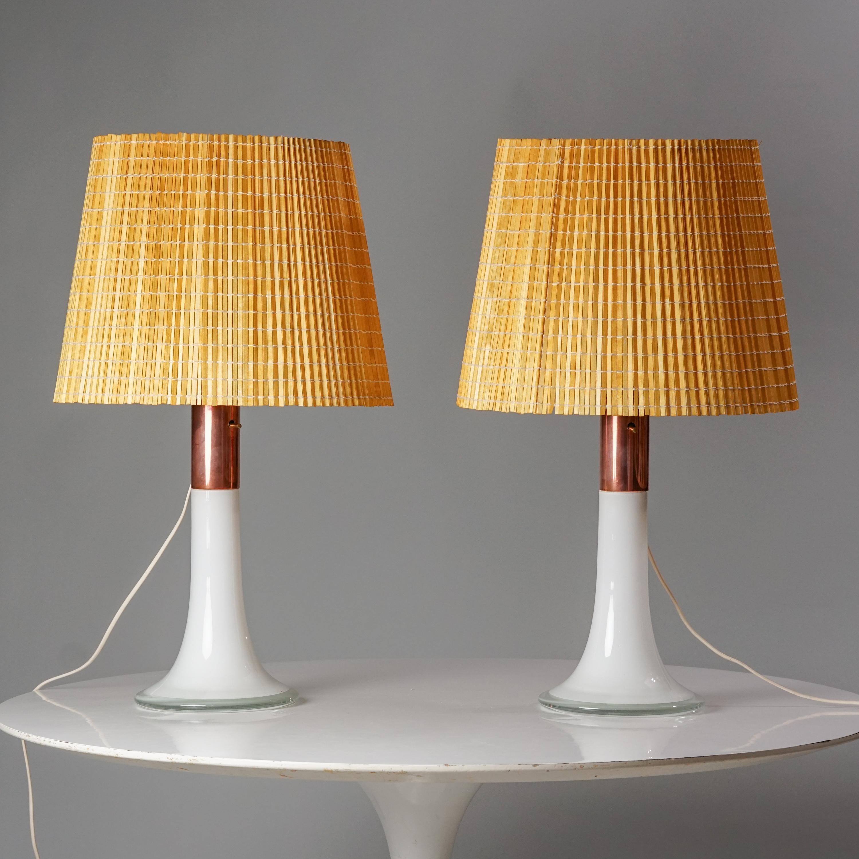 Finnish Pair of Lisa Johansson-Pape Glass Lamps With Wooden Slat Shades, Orno Oy, 1960s For Sale
