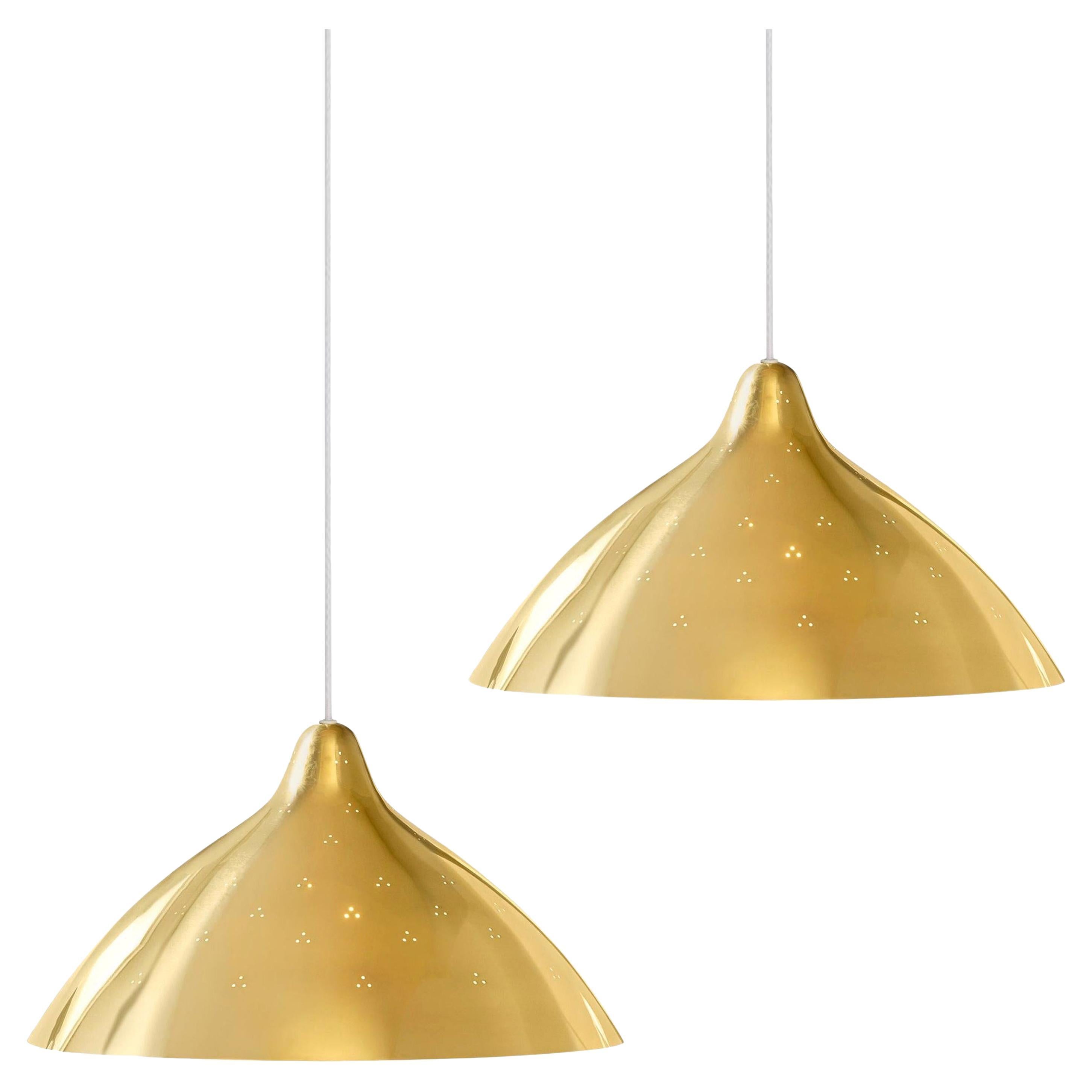 Pair of Lisa Johansson-Pape Large Polished Brass Perforated Metal Pendants For Sale