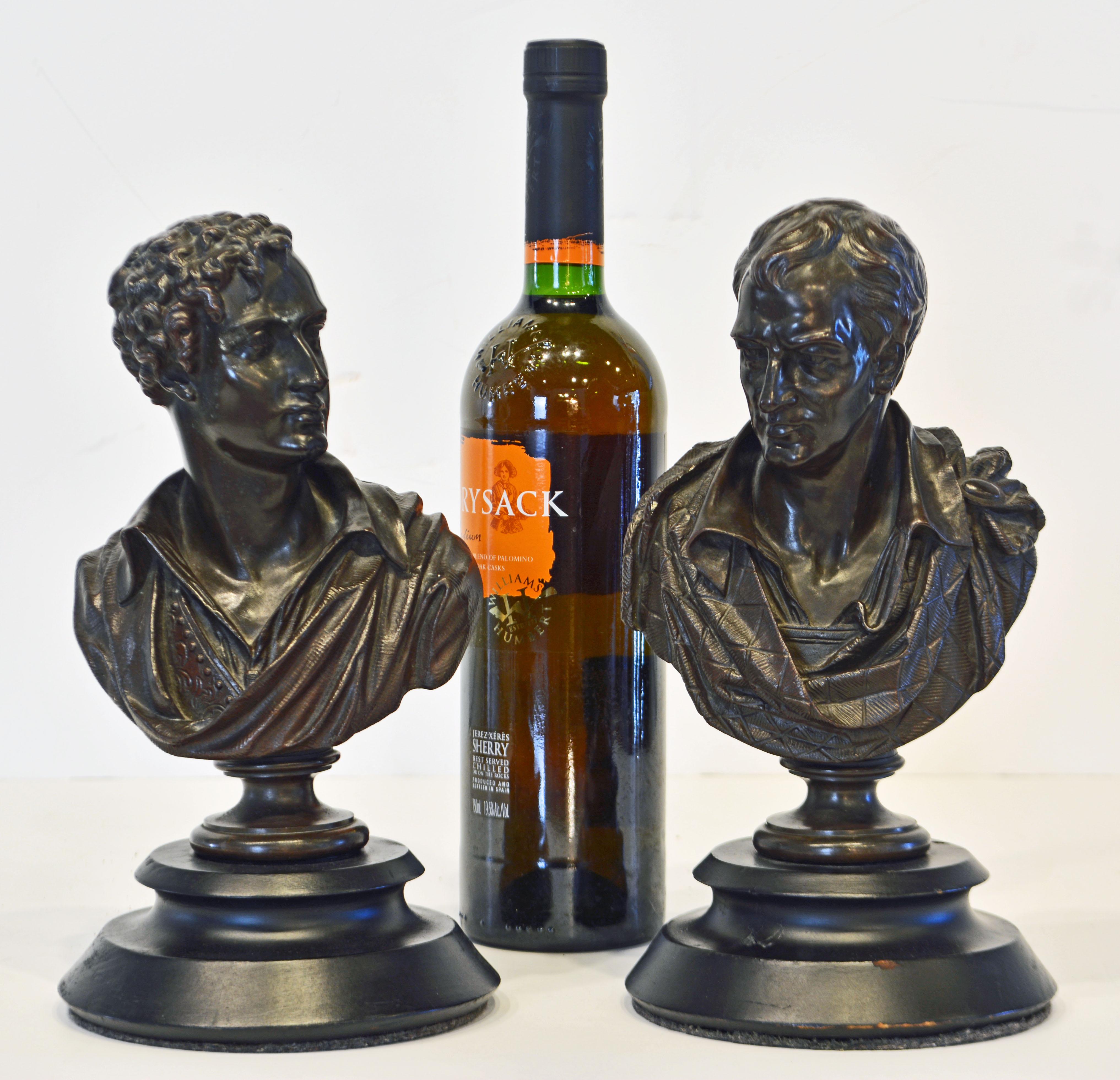 This pair of French patinated bronze busts on ebonized stepped bases, dating to the late 19th century, by Ernest Eugene Hiolle (1834-1886) are inscribed Sir Walter Scott and Lord Byron two of England's most iconic literary figures. Both are also