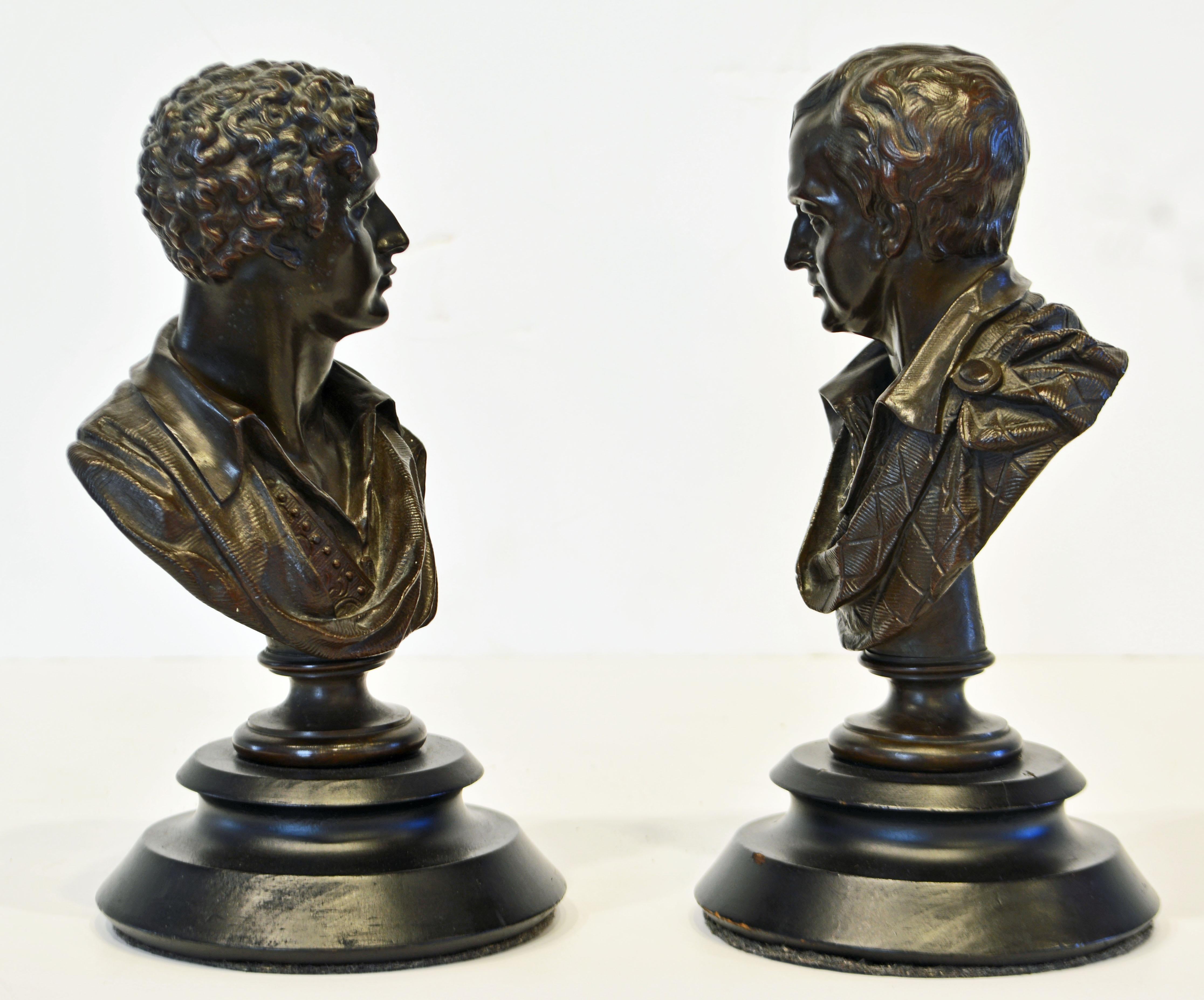 Romantic Pair of Literary Bronze Busts of Lord Byron and Sir Walter Scott by E. Hiolle