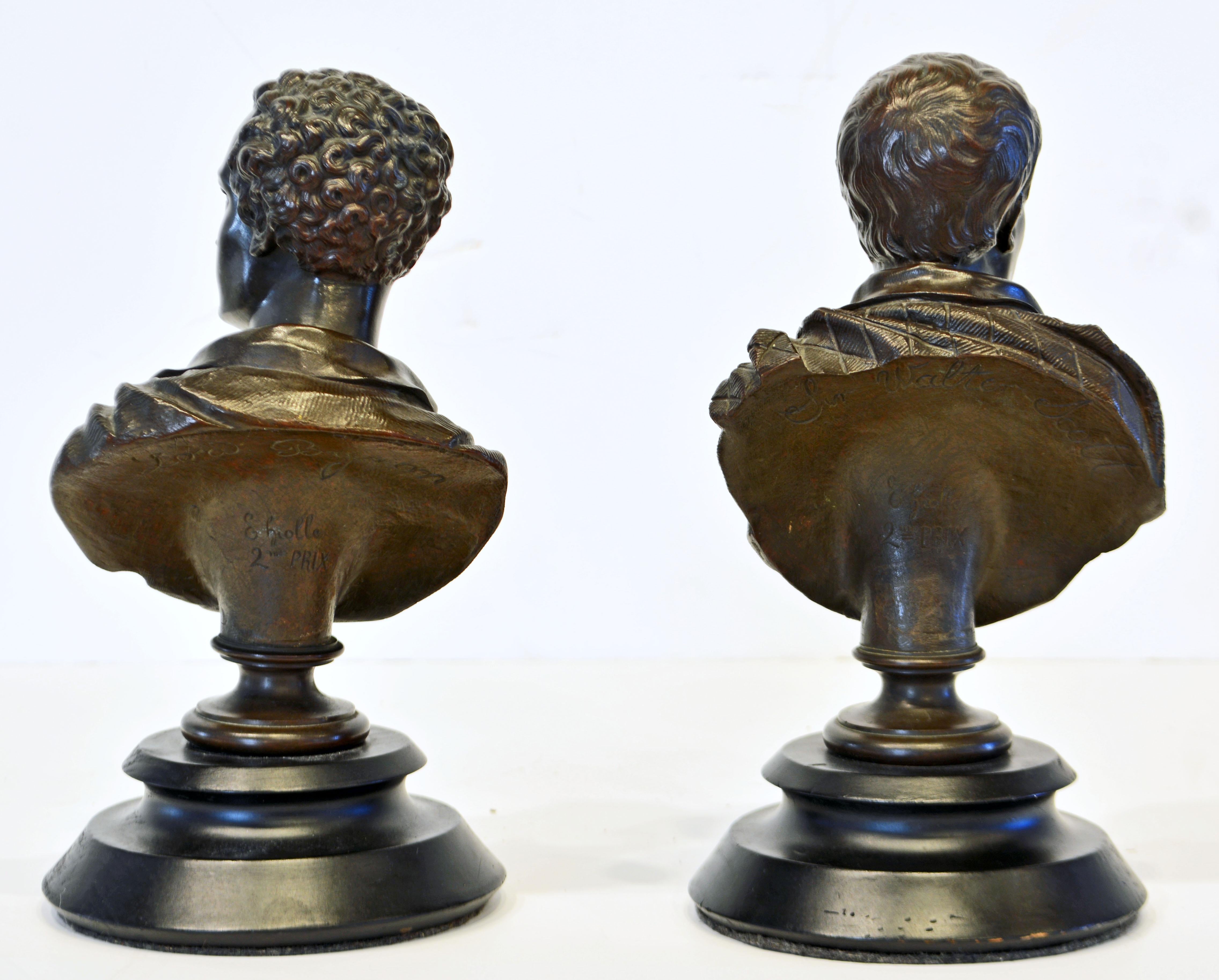 French Pair of Literary Bronze Busts of Lord Byron and Sir Walter Scott by E. Hiolle