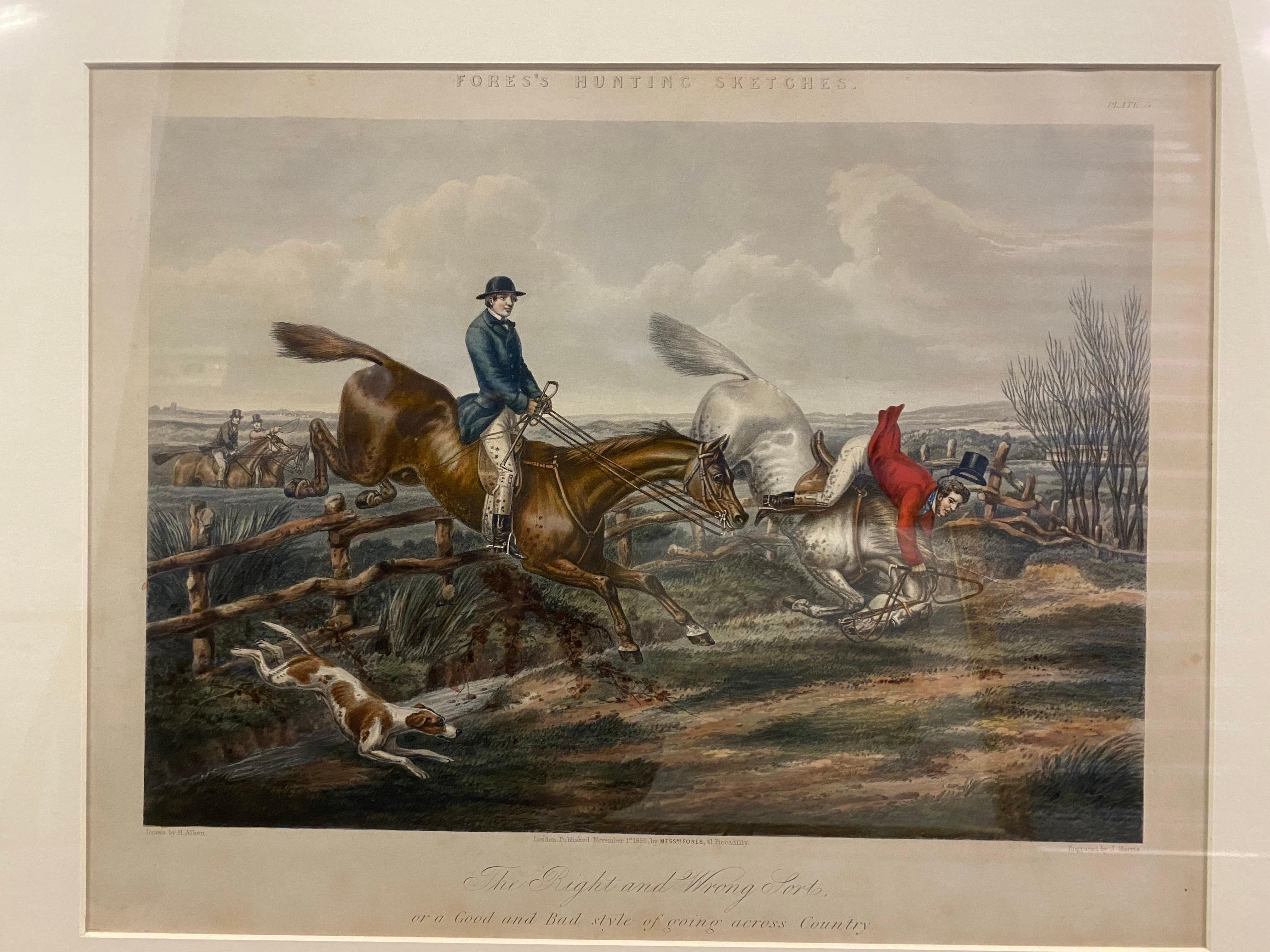 Inglese Coppia di litografie di scene di caccia alla volpe incise da J. Harris in vendita