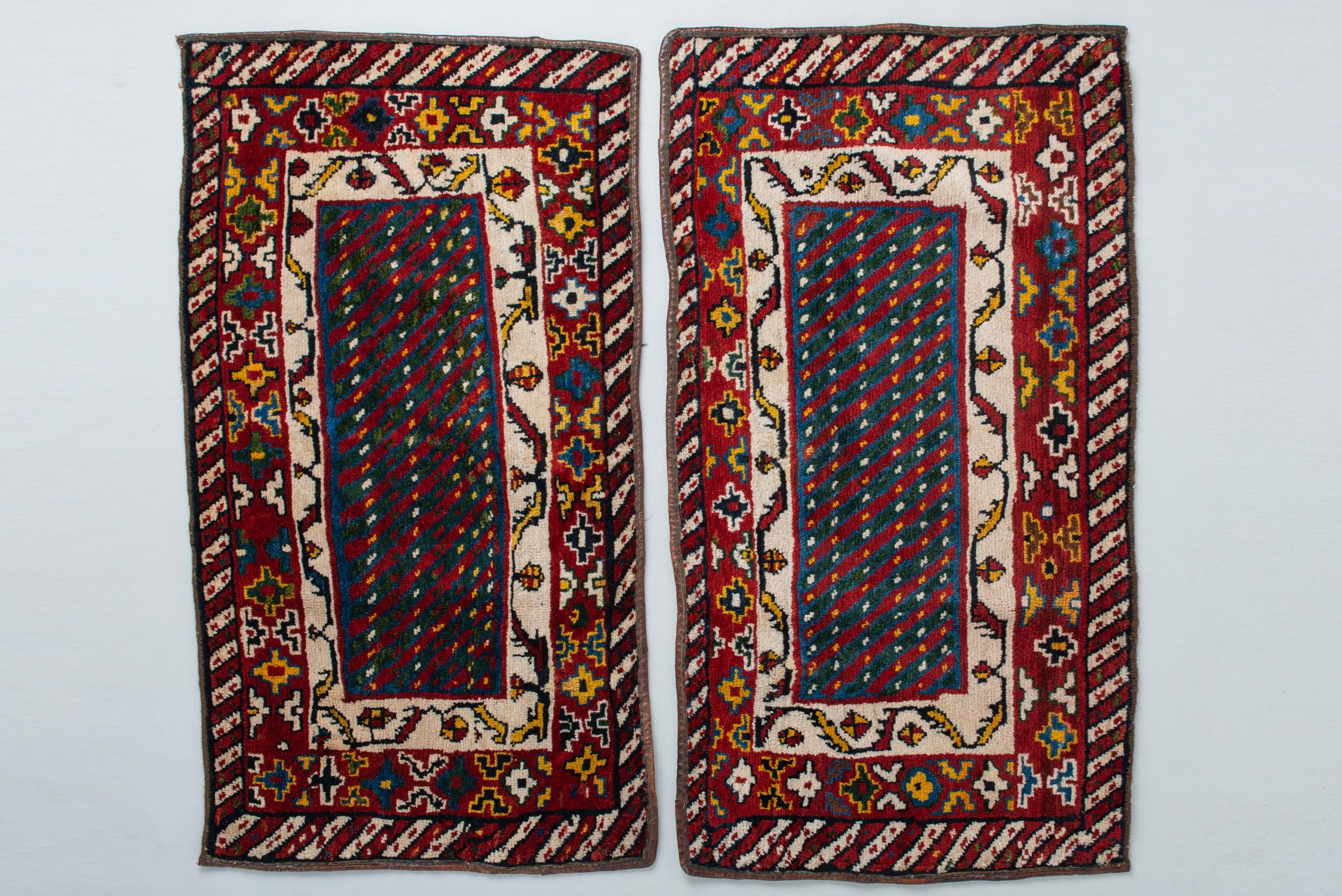 Saddle parts edged in leather, polychrome diagonal design, rich triple border.
To be combined with the carpet published LU (see below) because they were a pair! But this one had the central part (kilim) destroyed, so I had to take it off.
The