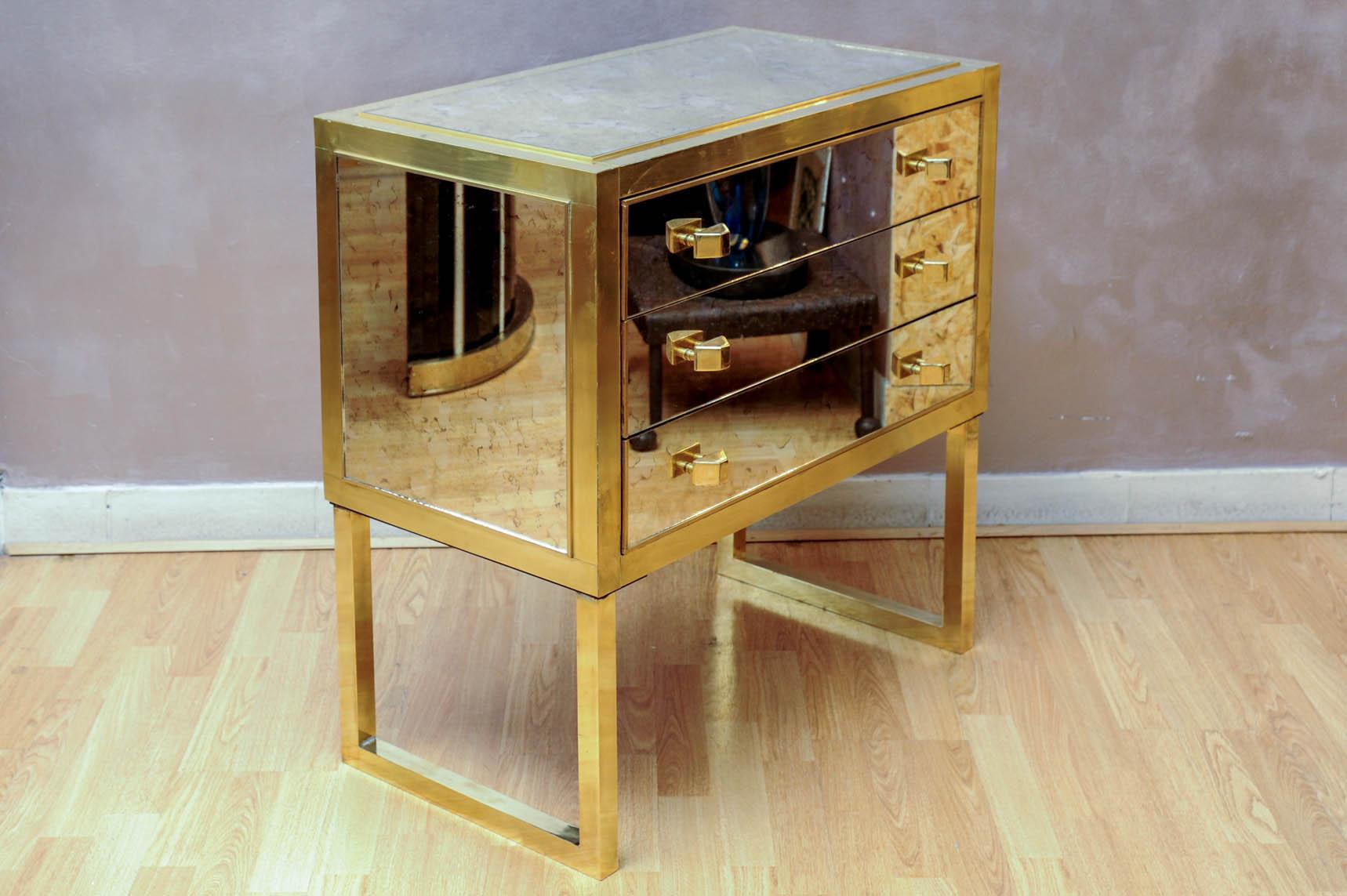 Pair of Little Commodes in Mirror and Brass with Three Drawers 2