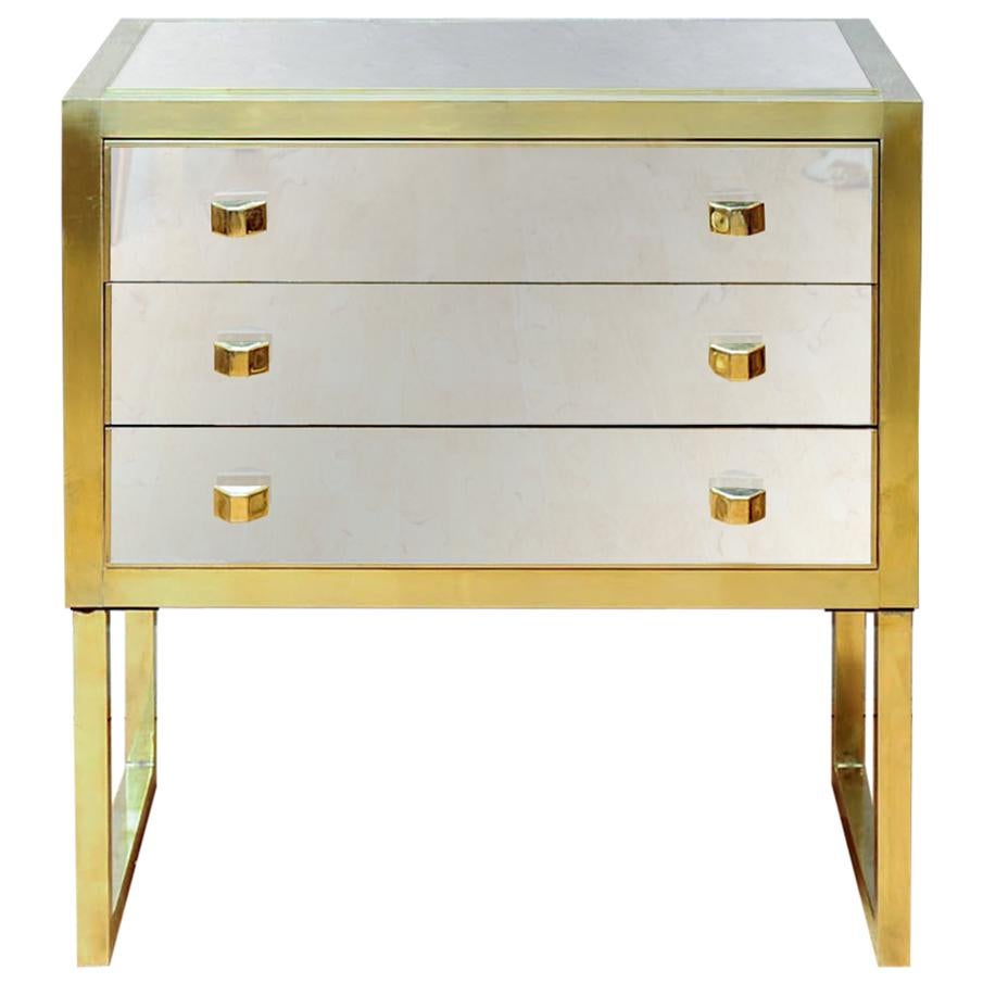 Pair of Little Commodes in Mirror and Brass with Three Drawers