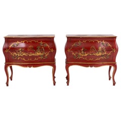 Antique Pair of Little Italian Lacquered Commodes with Golden Pagodas, circa 1900-1950