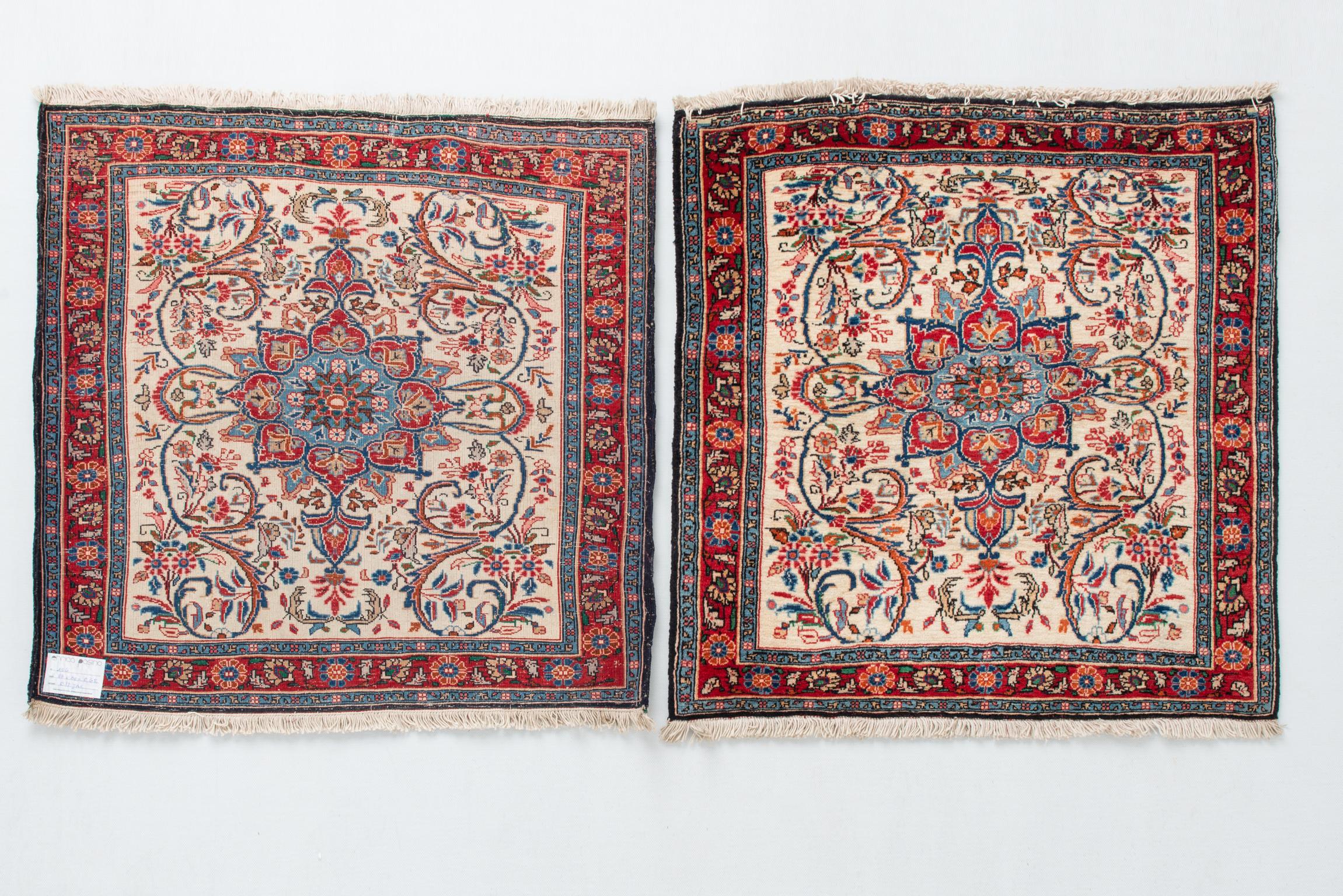 Agra Pair of Little Square Indian Carpets or Cushions For Sale
