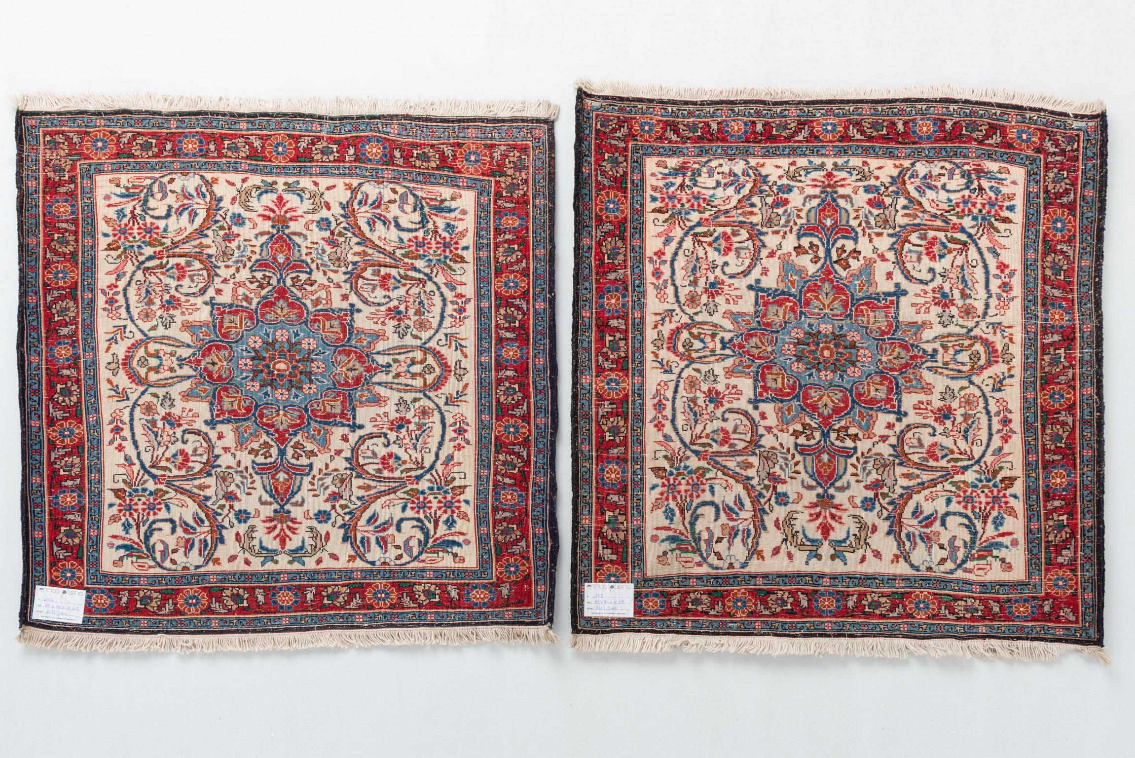 Hand-Knotted Pair of Little Square Indian Carpets or Cushions For Sale