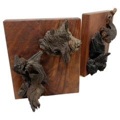 Pair of Bookends Walnut Wood Live Edge Design Organic Form 1970s