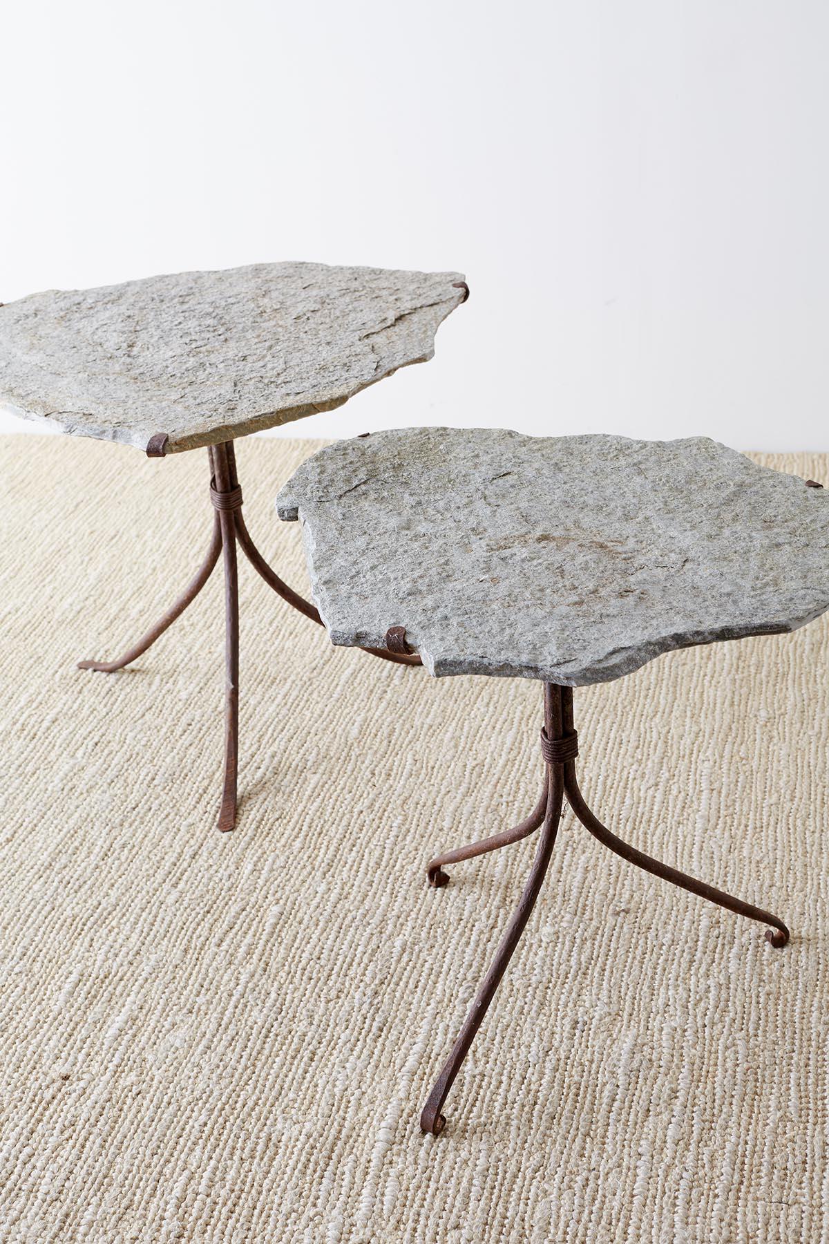 Pair of Live Edge Granite and Iron Drink Tables 12