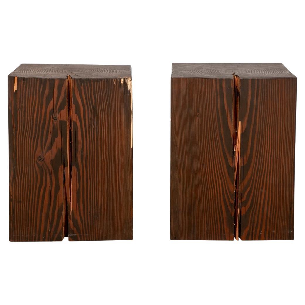 Pair Of Live-Edge Stained Wood Block Cube Tables