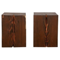 Vintage Pair Of Live-Edge Stained Wood Block Cube Tables