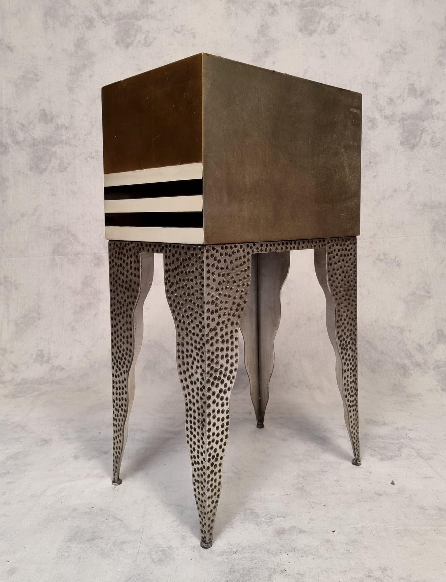 Pair of Living Room Commodes, Lacquered Wood and Hammered Metal, Ca 1990 For Sale 4