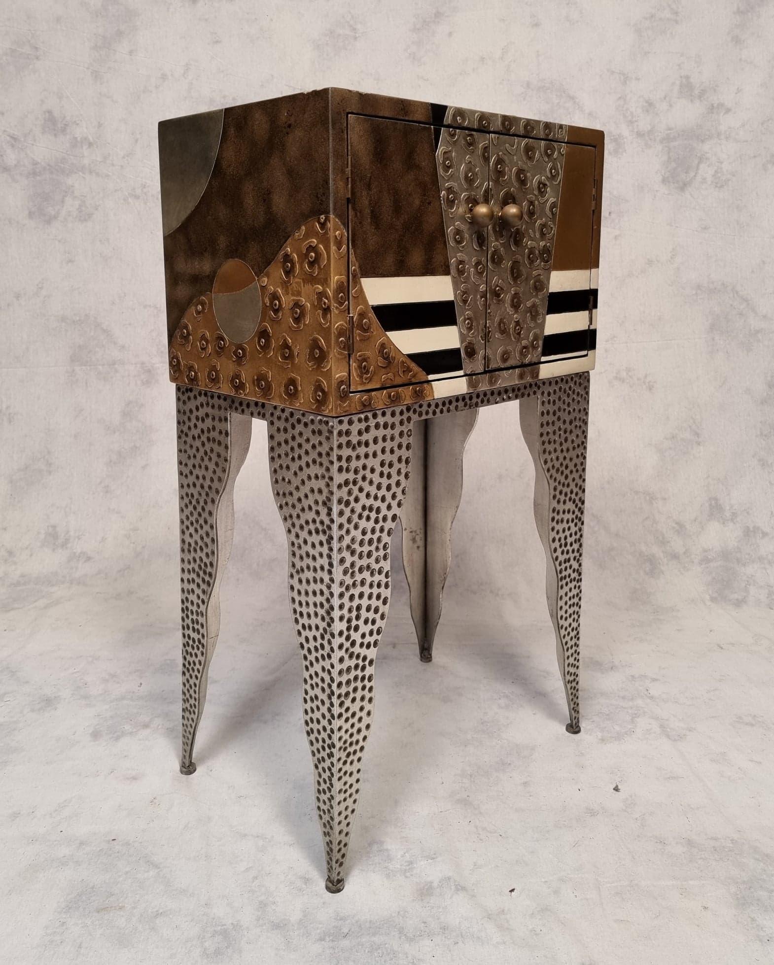 Pair of Living Room Commodes, Lacquered Wood and Hammered Metal, Ca 1990 For Sale 7