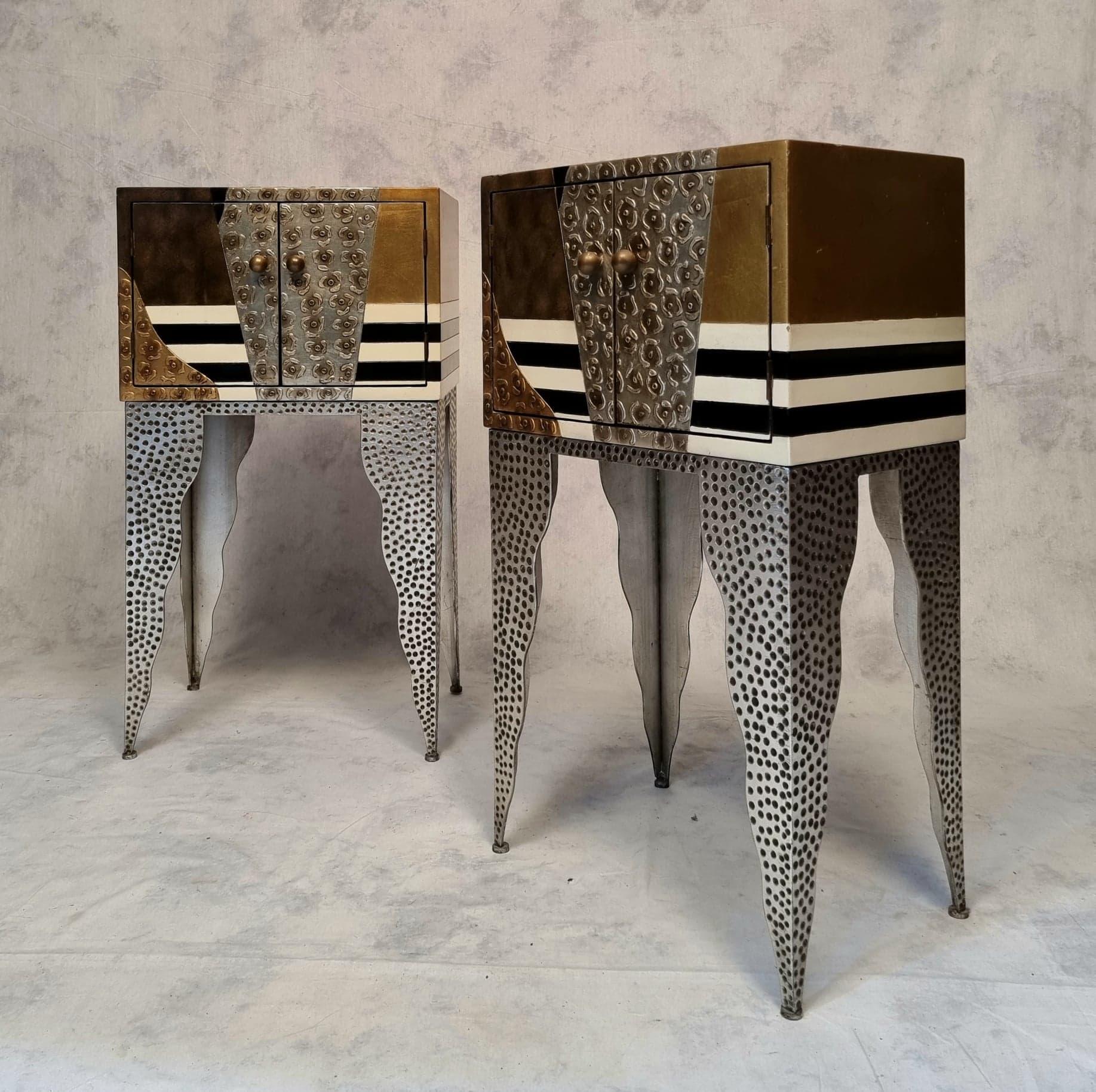 Pair of Living Room Commodes, Lacquered Wood and Hammered Metal, Ca 1990 For Sale 8