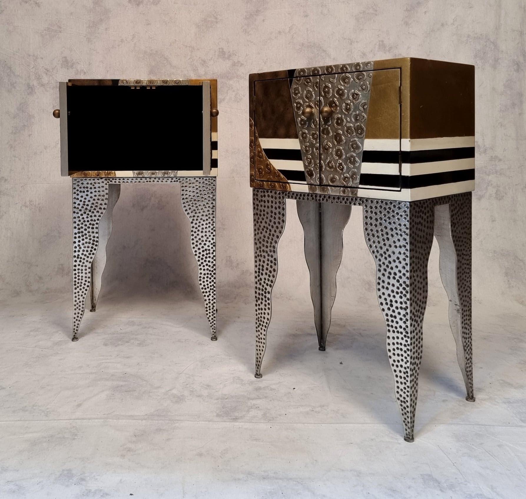 Pair of Living Room Commodes, Lacquered Wood and Hammered Metal, Ca 1990 For Sale 10