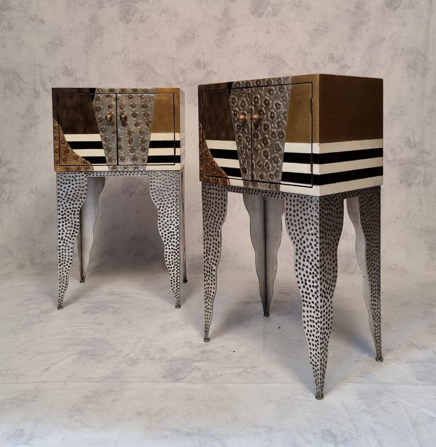 Pair of Living Room Commodes, Lacquered Wood and Hammered Metal, Ca 1990 For Sale 3