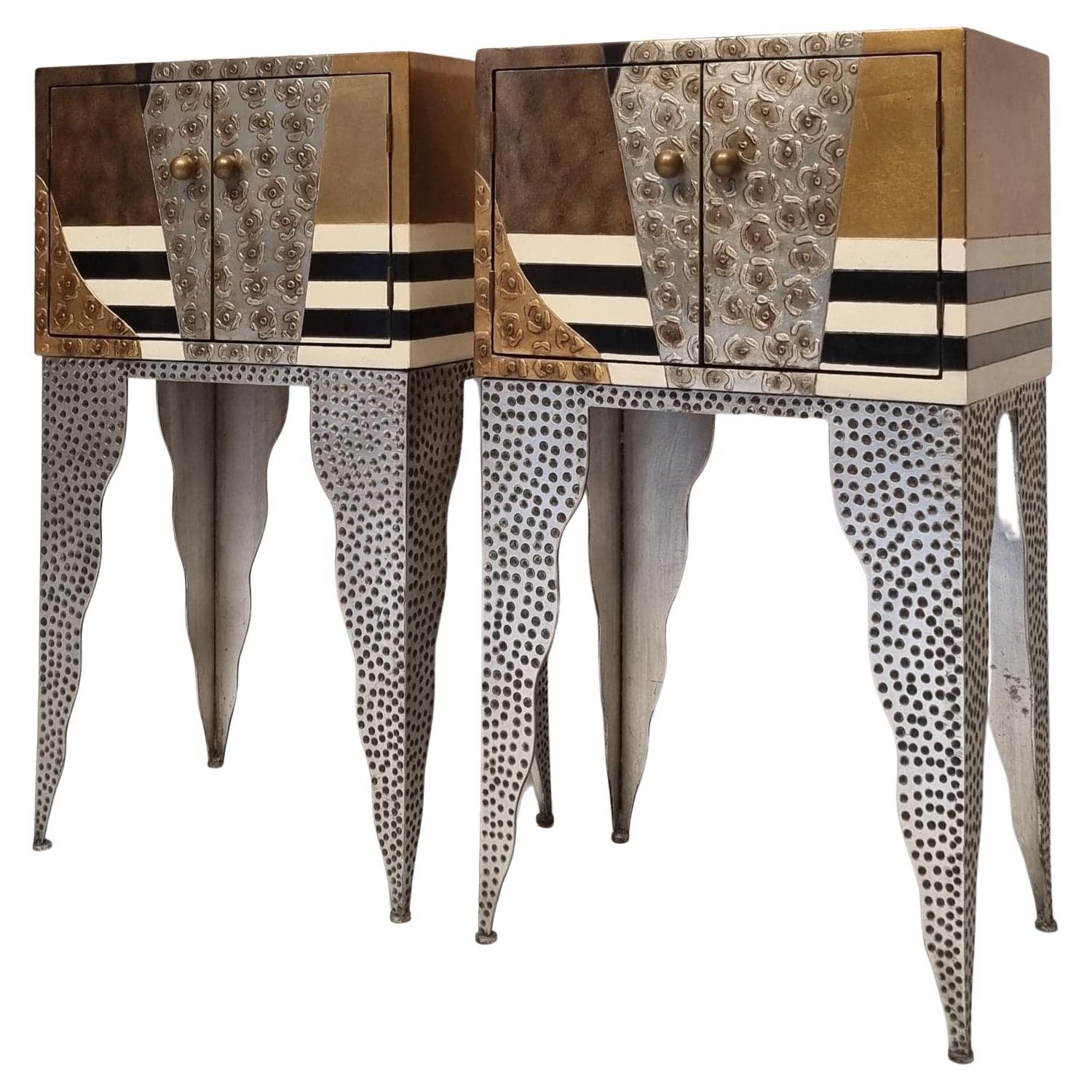 Pair of Living Room Commodes, Lacquered Wood and Hammered Metal, Ca 1990