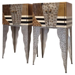 Used Pair of Living Room Commodes, Lacquered Wood and Hammered Metal, Ca 1990