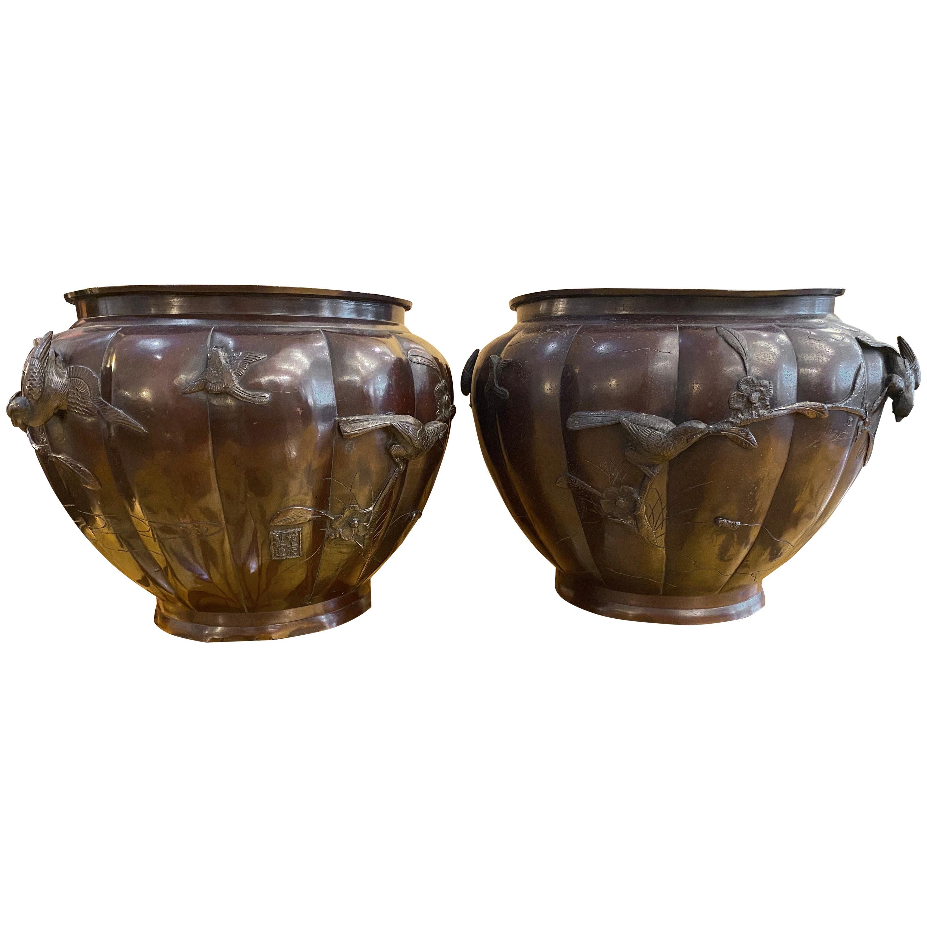 Pair of Lobed Bronze Japanese Planters For Sale