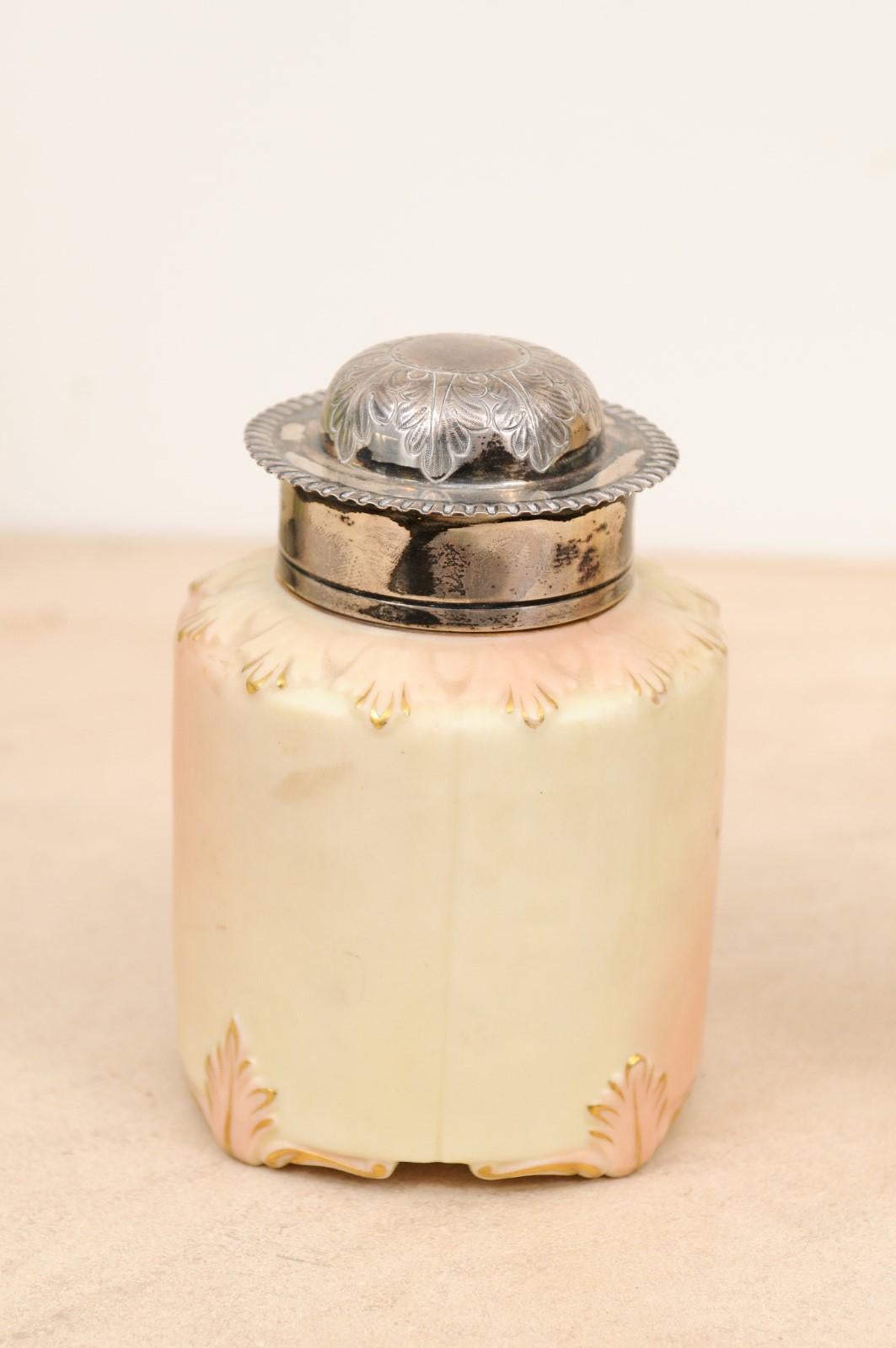 English Pair of Locke & Co Worcester 1900s Porcelain Toiletry Jars with Silver Tops