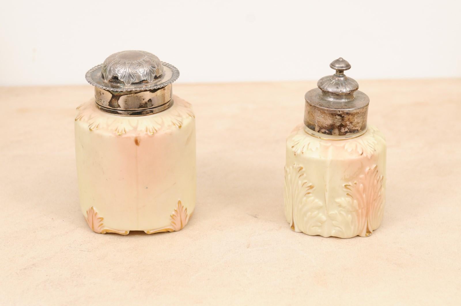 20th Century Pair of Locke & Co Worcester 1900s Porcelain Toiletry Jars with Silver Tops