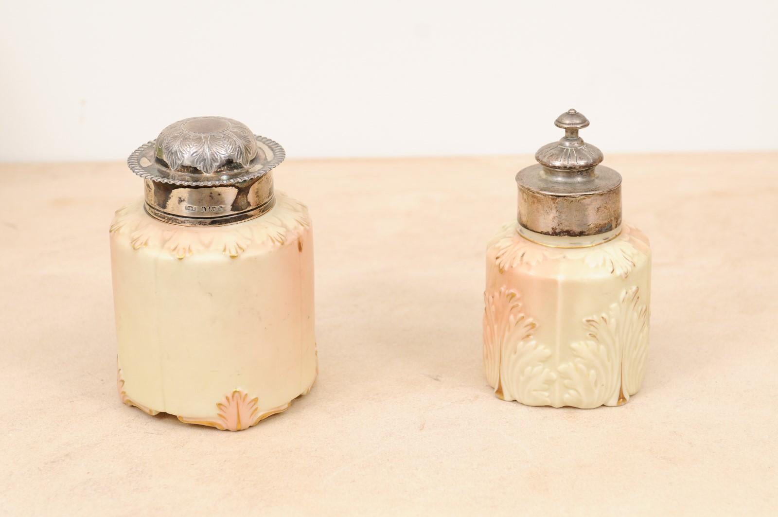Pair of Locke & Co Worcester 1900s Porcelain Toiletry Jars with Silver Tops 1