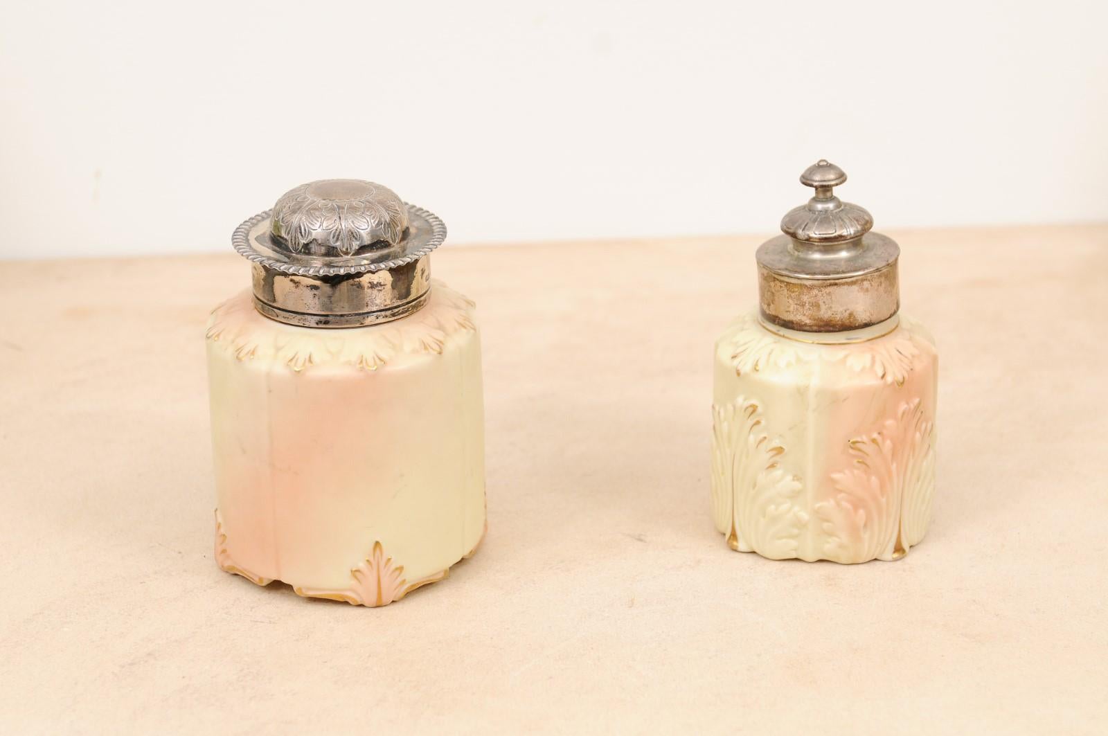 Pair of Locke & Co Worcester 1900s Porcelain Toiletry Jars with Silver Tops 2