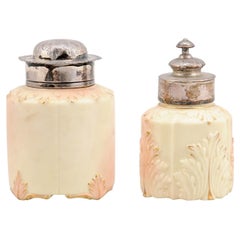 Pair of Locke & Co Worcester 1900s Porcelain Toiletry Jars with Silver Tops