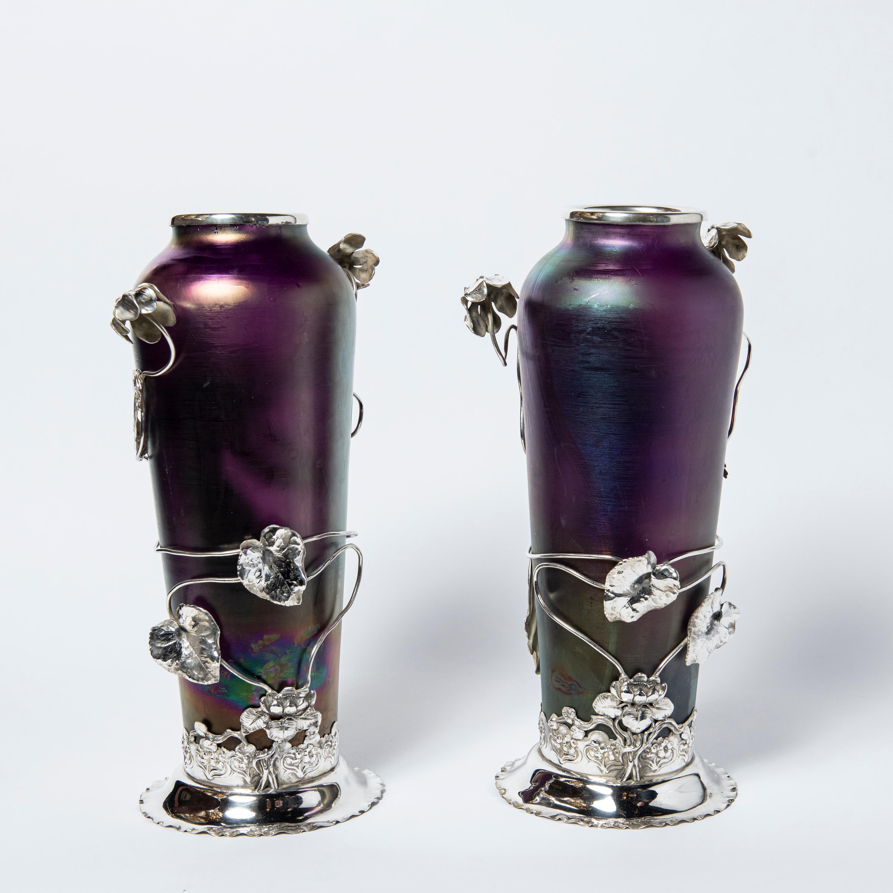 Art Nouveau Pair of Loetz glass and silver plate vases. Austria, circa 1900.