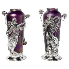 Pair of Loetz glass and silver plate vases. Austria, circa 1900.