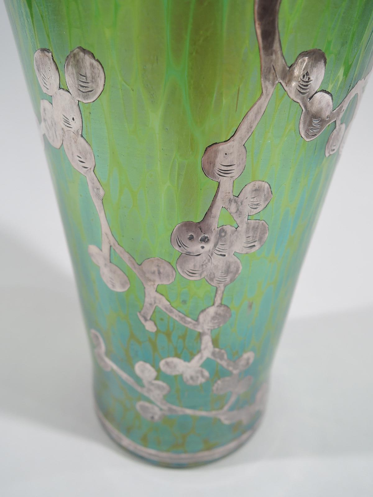 Czech Pair of Loetz Green Art Glass Vases with Japonesque Silver Overlay