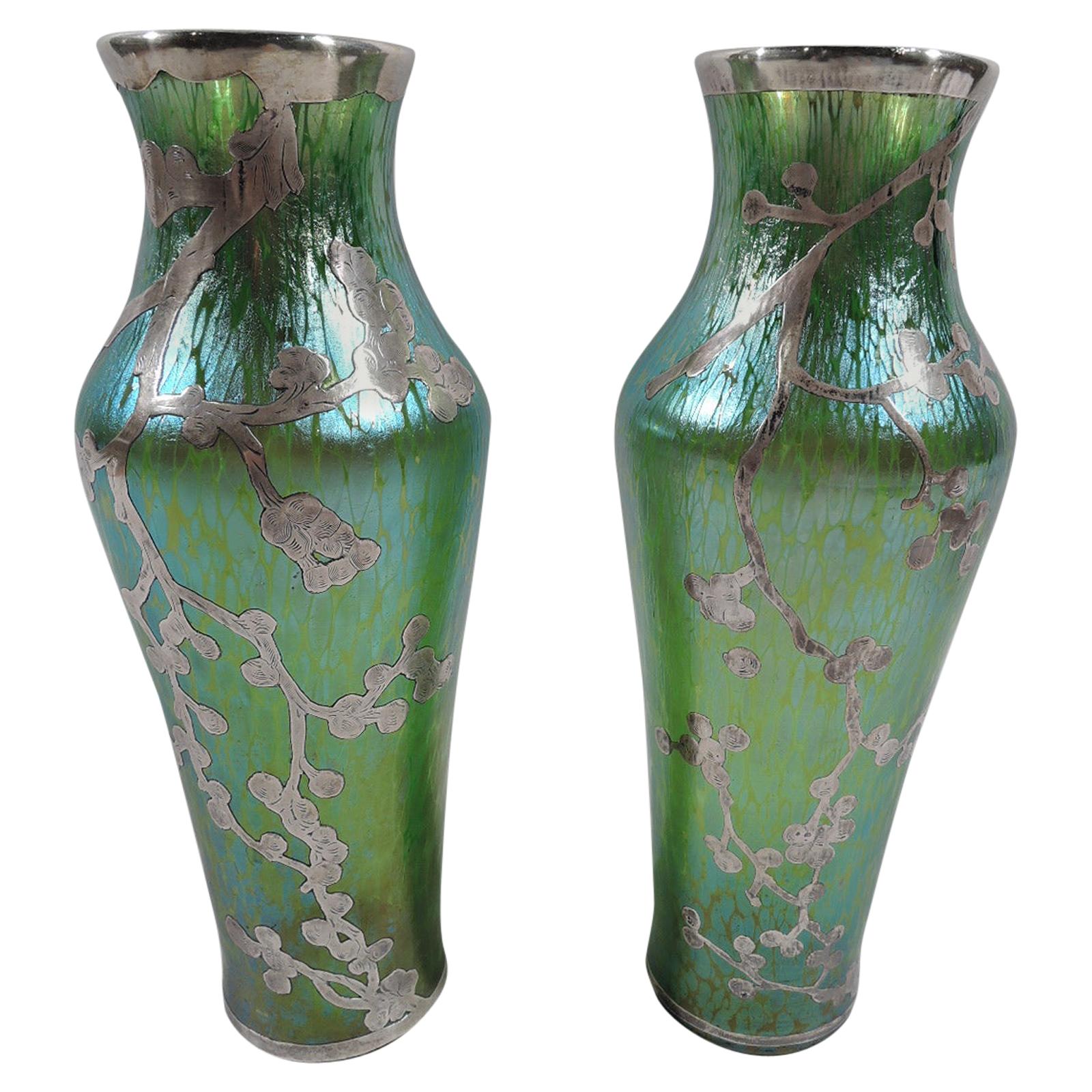 Pair of Loetz Green Art Glass Vases with Japonesque Silver Overlay