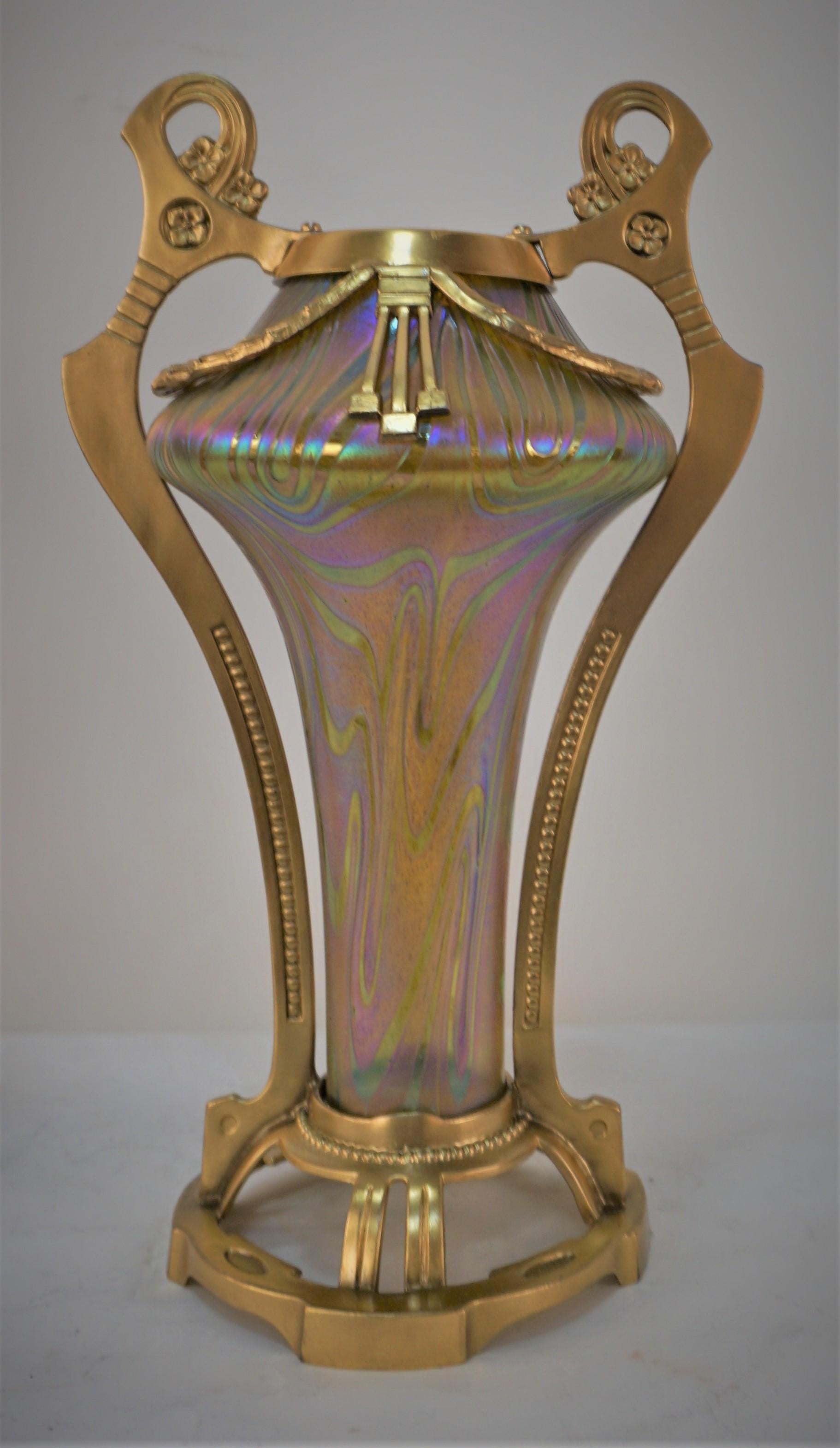 Pair Of Loetz Style Art Nouveau Iridescent Glass Vases with Dore Metal Mounting In Good Condition In Fairfax, VA