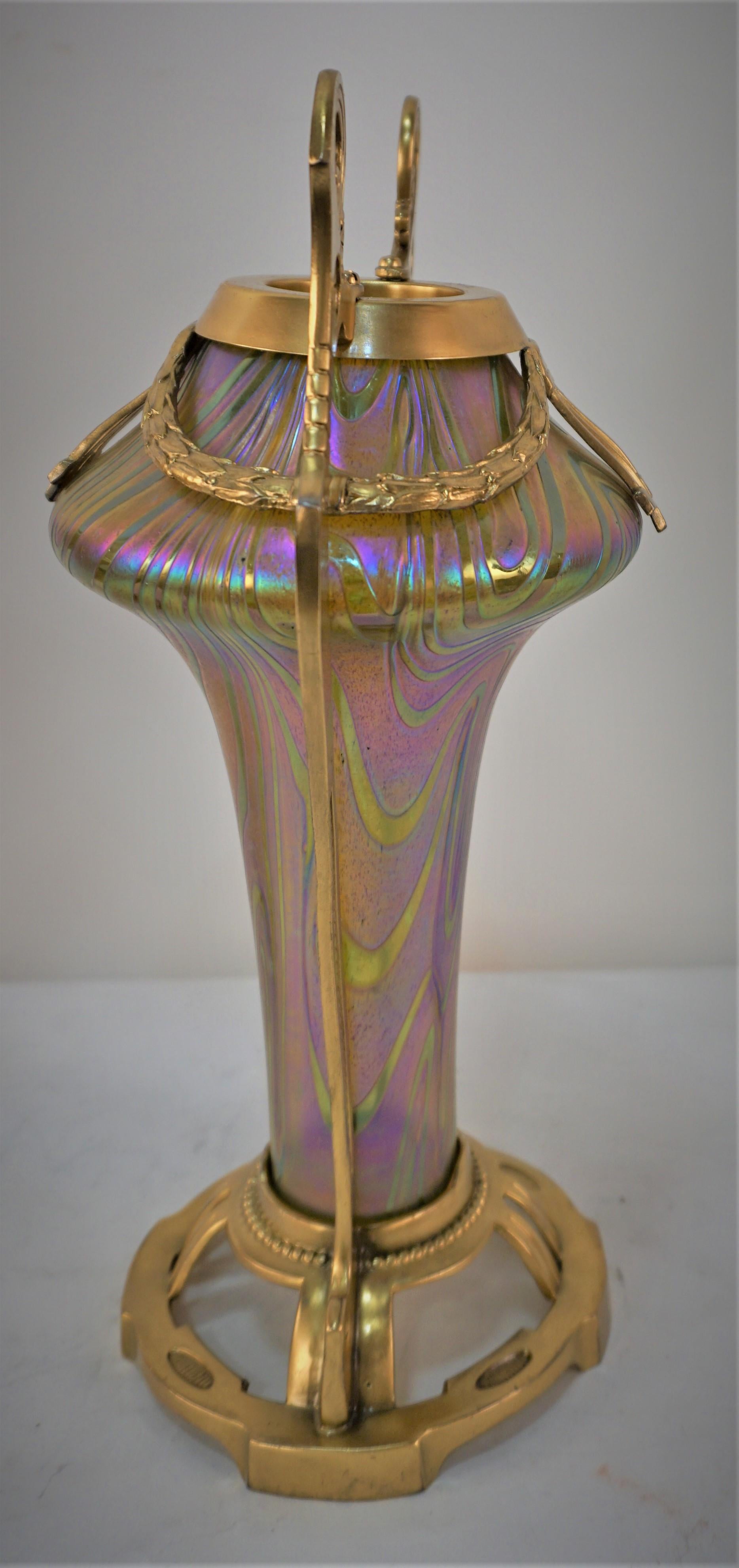Pair Of Loetz Style Art Nouveau Iridescent Glass Vases with Dore Metal Mounting 1