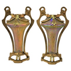 Pair Of Loetz Style Art Nouveau Iridescent Glass Vases with Dore Metal Mounting