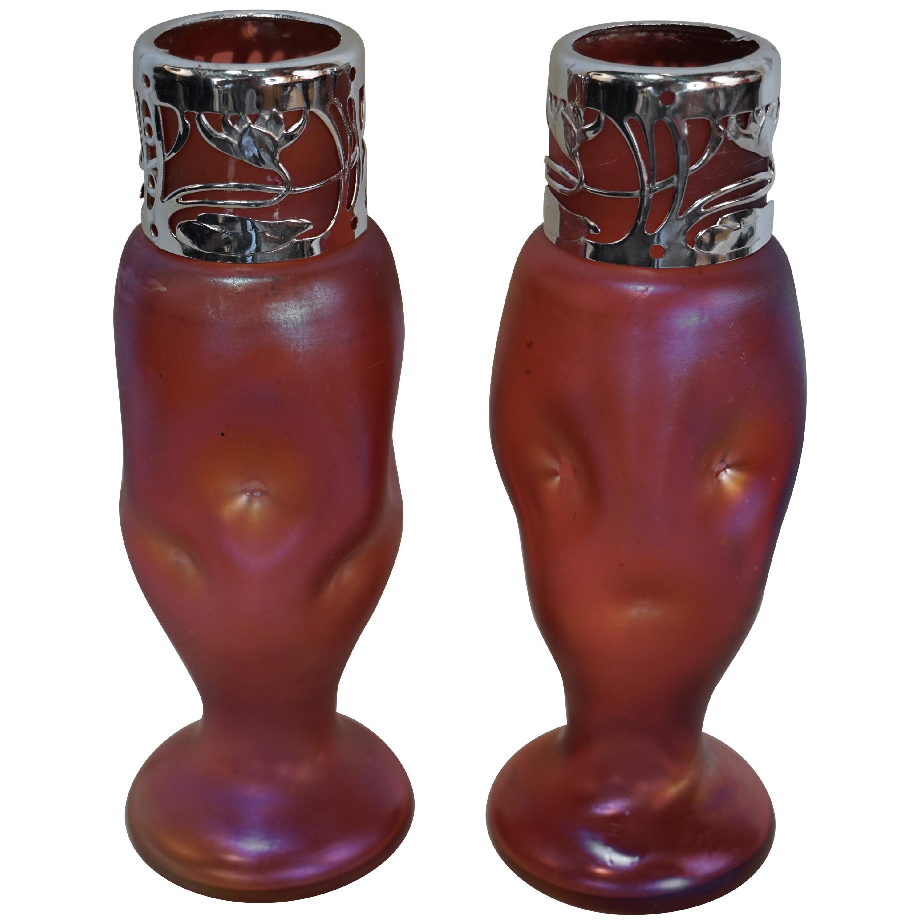 Pair of Iridescent Art Glass Vase