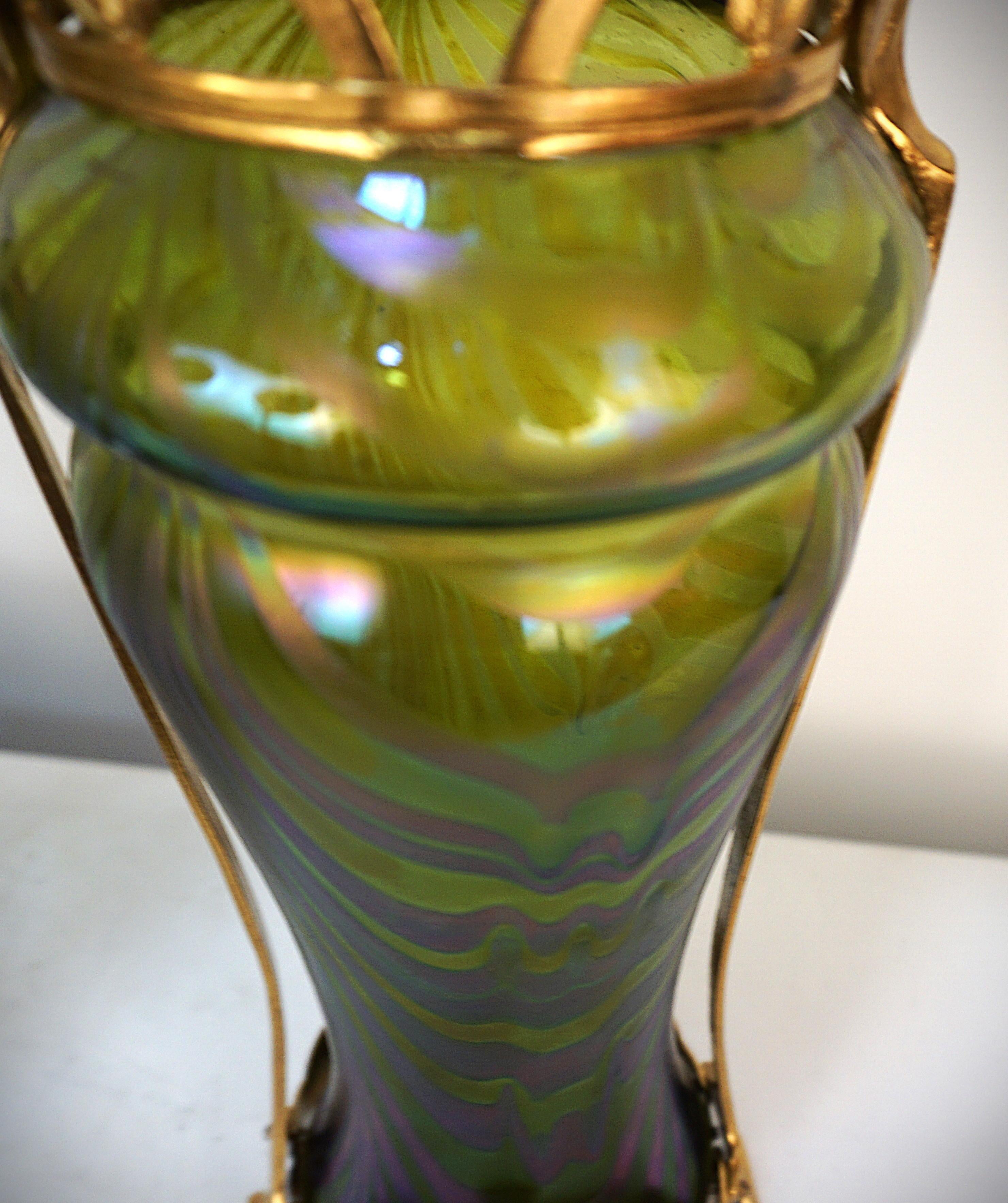 Pair of Loetz Style Iridescent Art Nouveau Glass and Dore Bronze Vases. 5