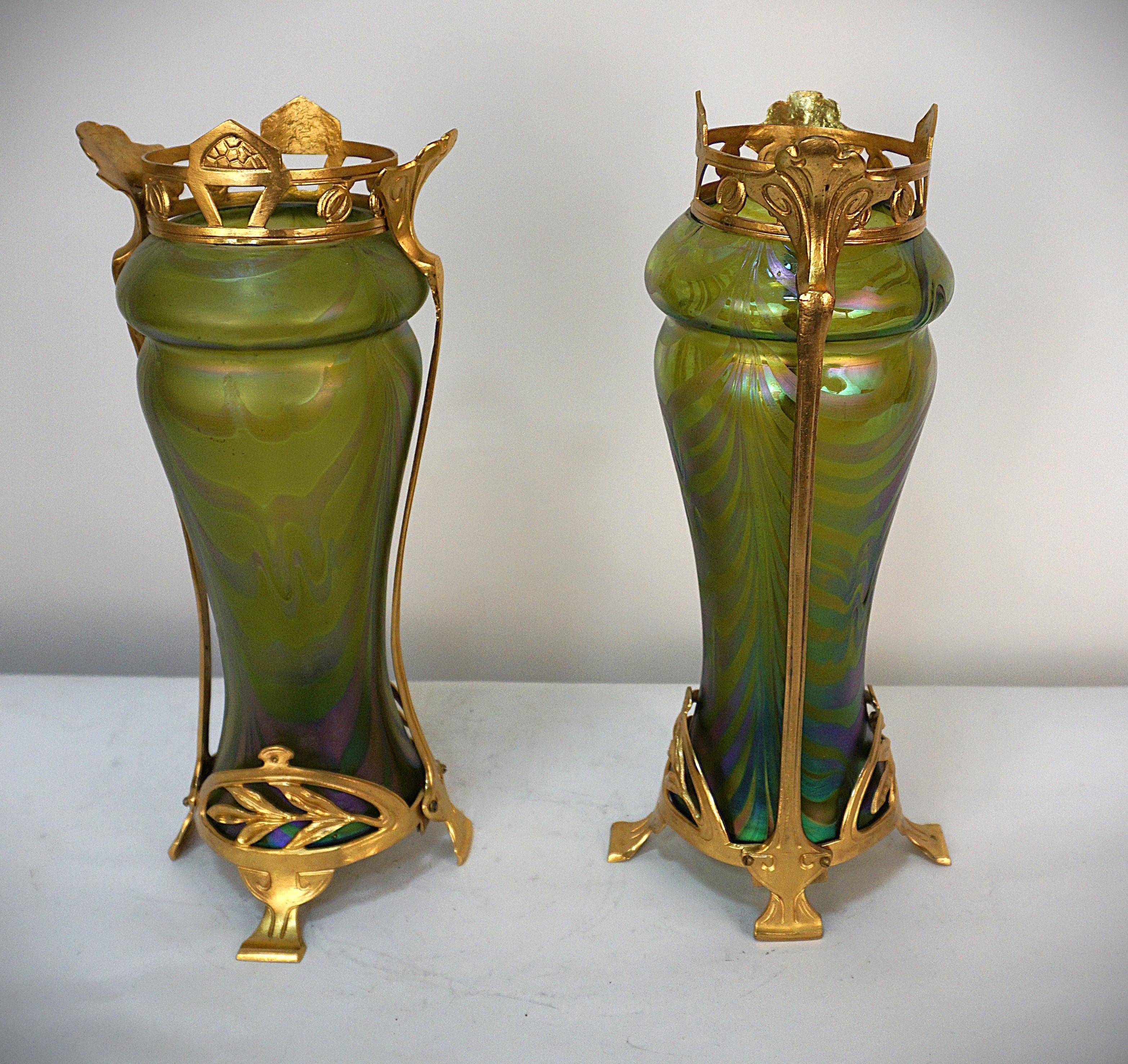Pair of Loetz Style Iridescent Art Nouveau Glass and Dore Bronze Vases. 6