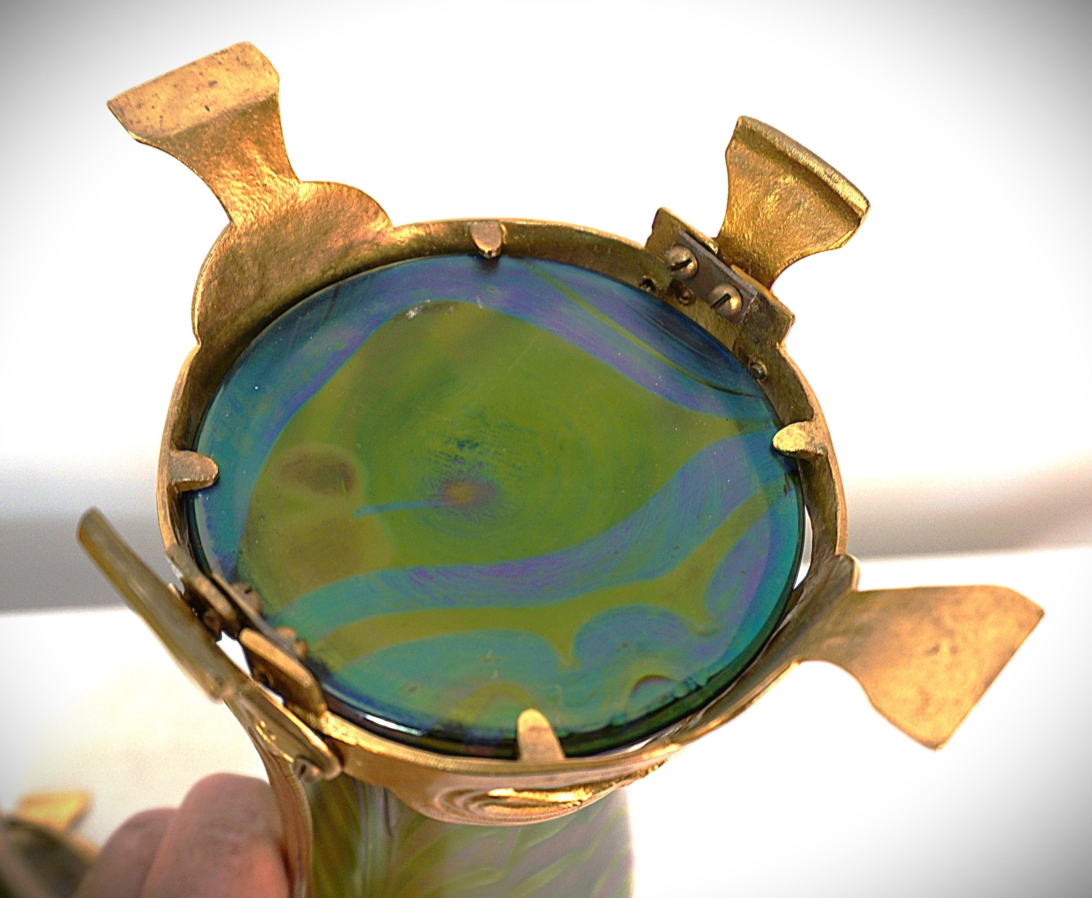 Pair of Loetz Style Iridescent Art Nouveau Glass and Dore Bronze Vases. 7