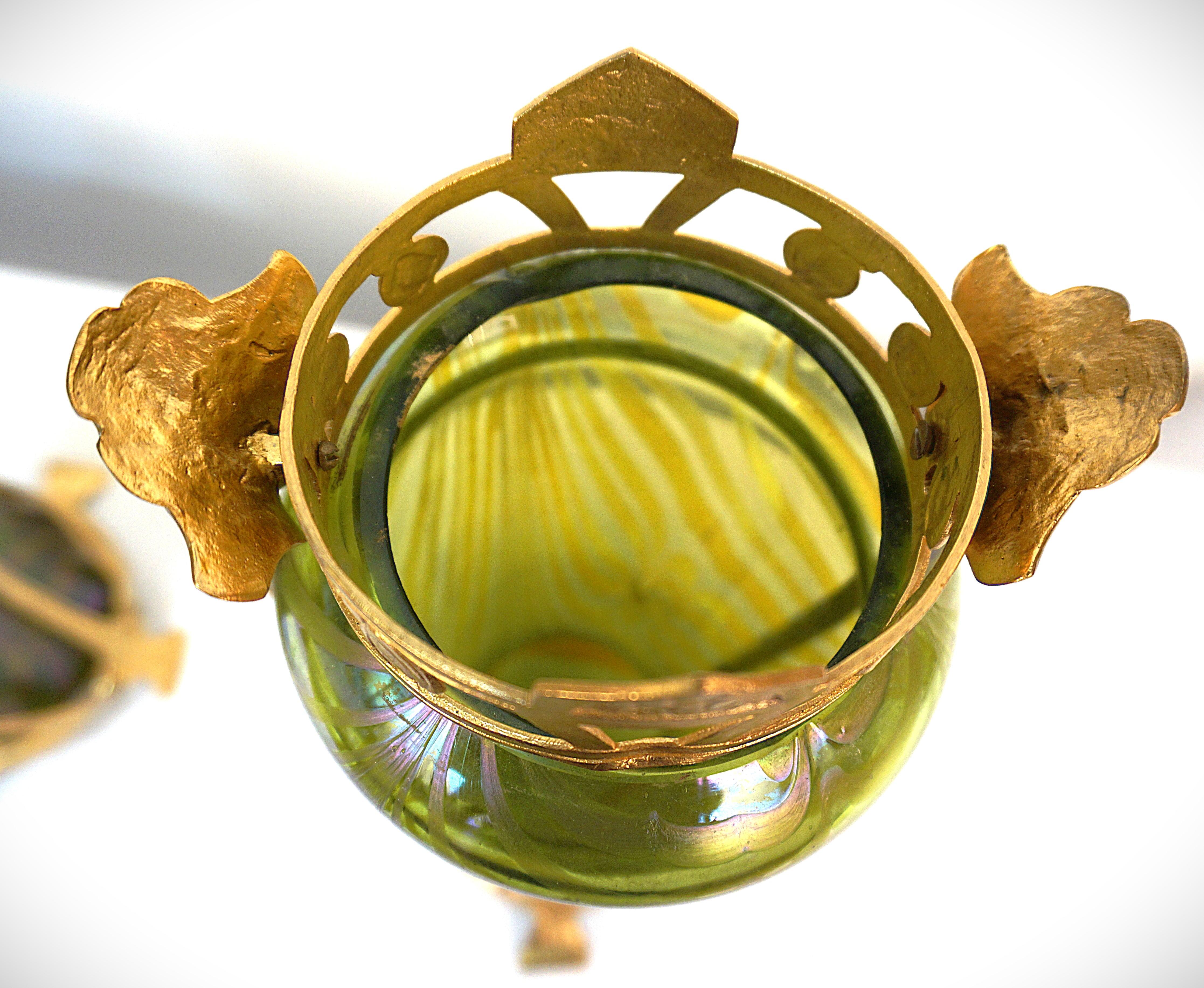 Pair of Loetz Style Iridescent Art Nouveau Glass and Dore Bronze Vases. 8