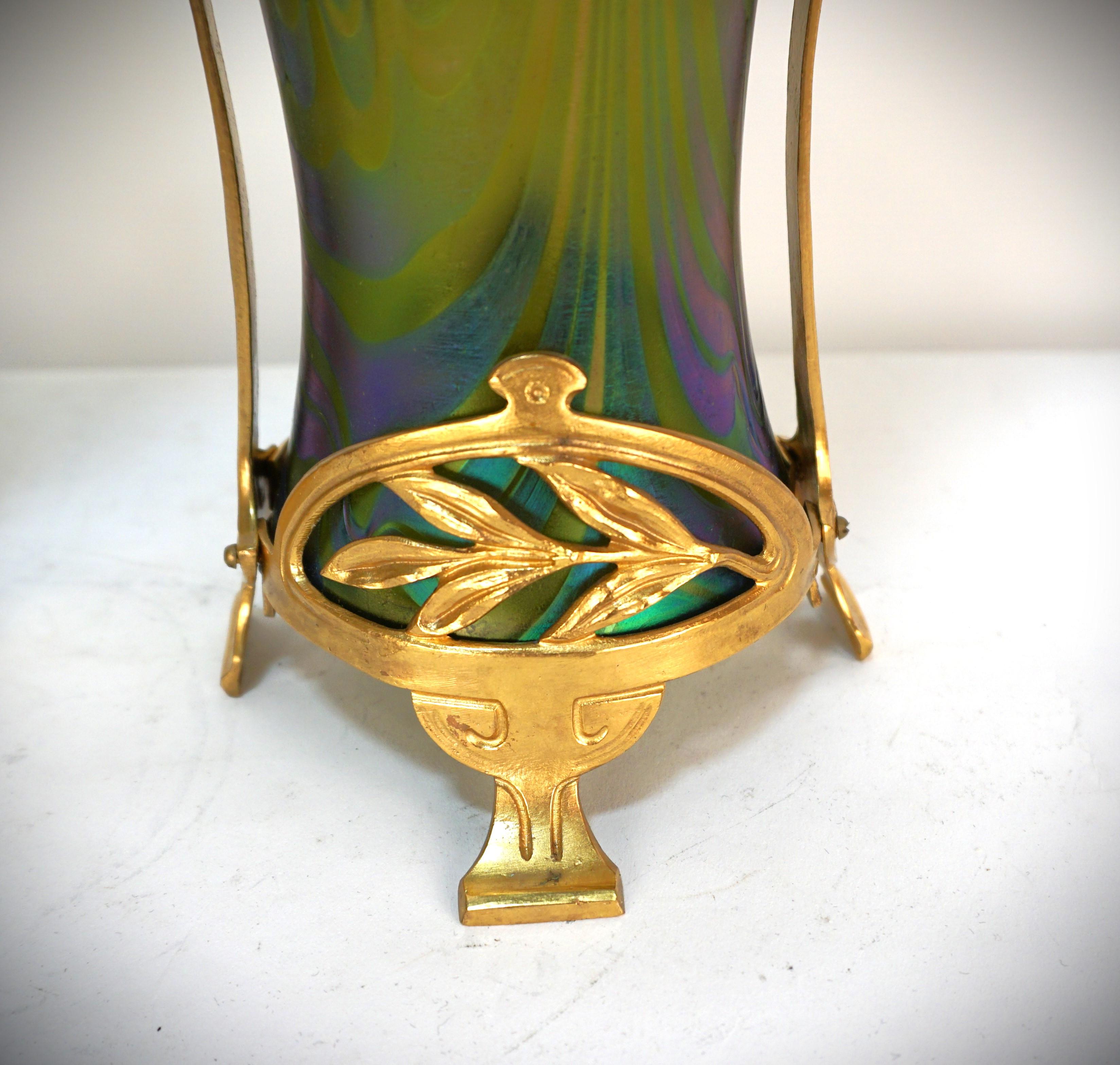Austrian Pair of Loetz Style Iridescent Art Nouveau Glass and Dore Bronze Vases.