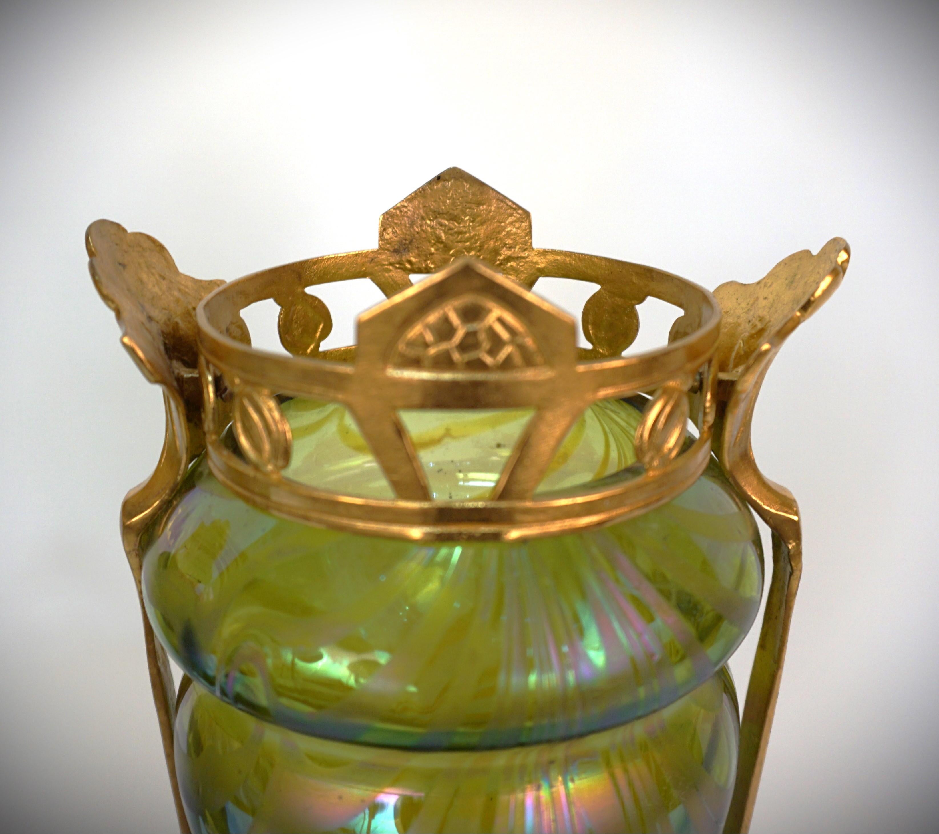 Pair of Loetz Style Iridescent Art Nouveau Glass and Dore Bronze Vases. In Good Condition In Fairfax, VA