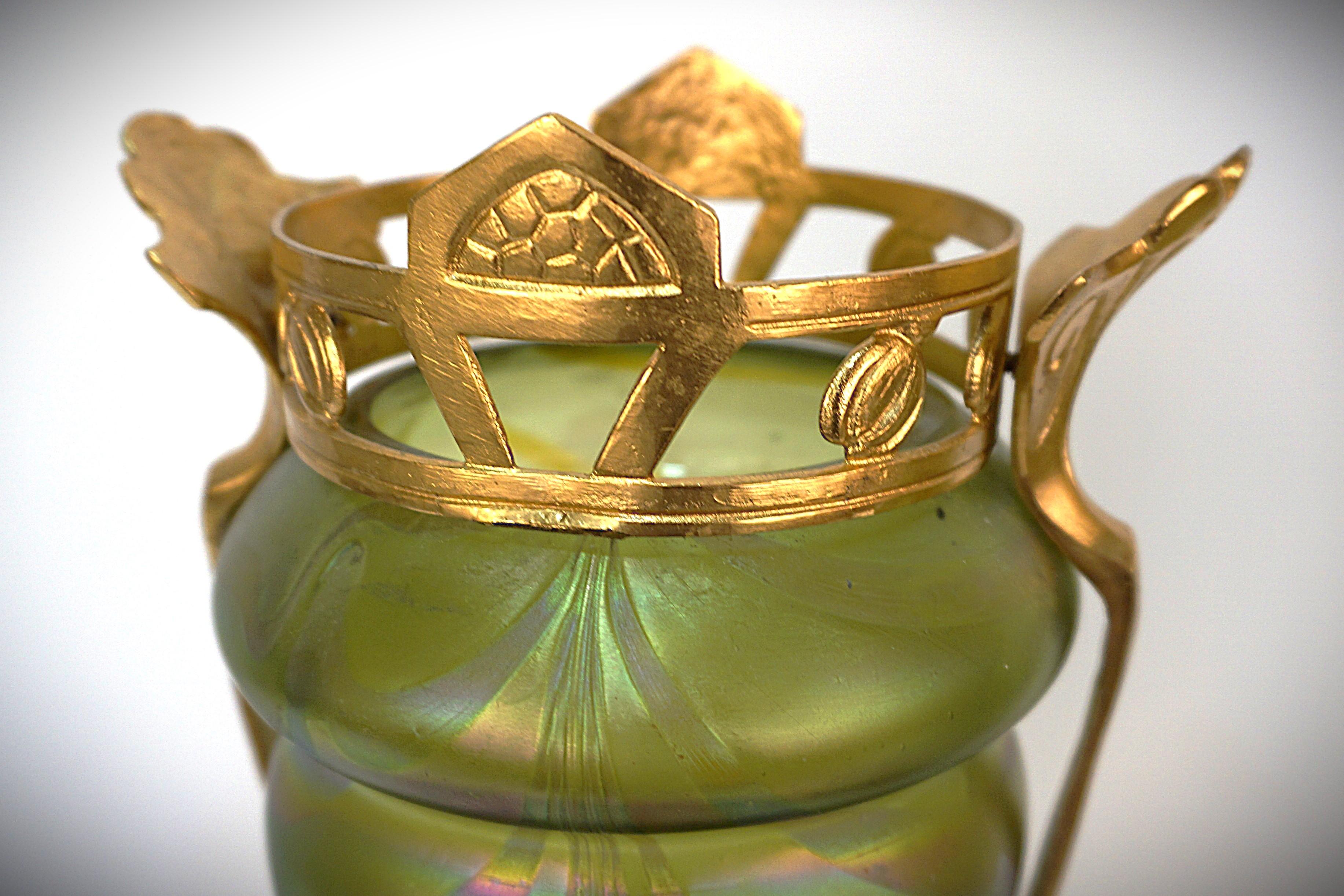 Pair of Loetz Style Iridescent Art Nouveau Glass and Dore Bronze Vases. 1
