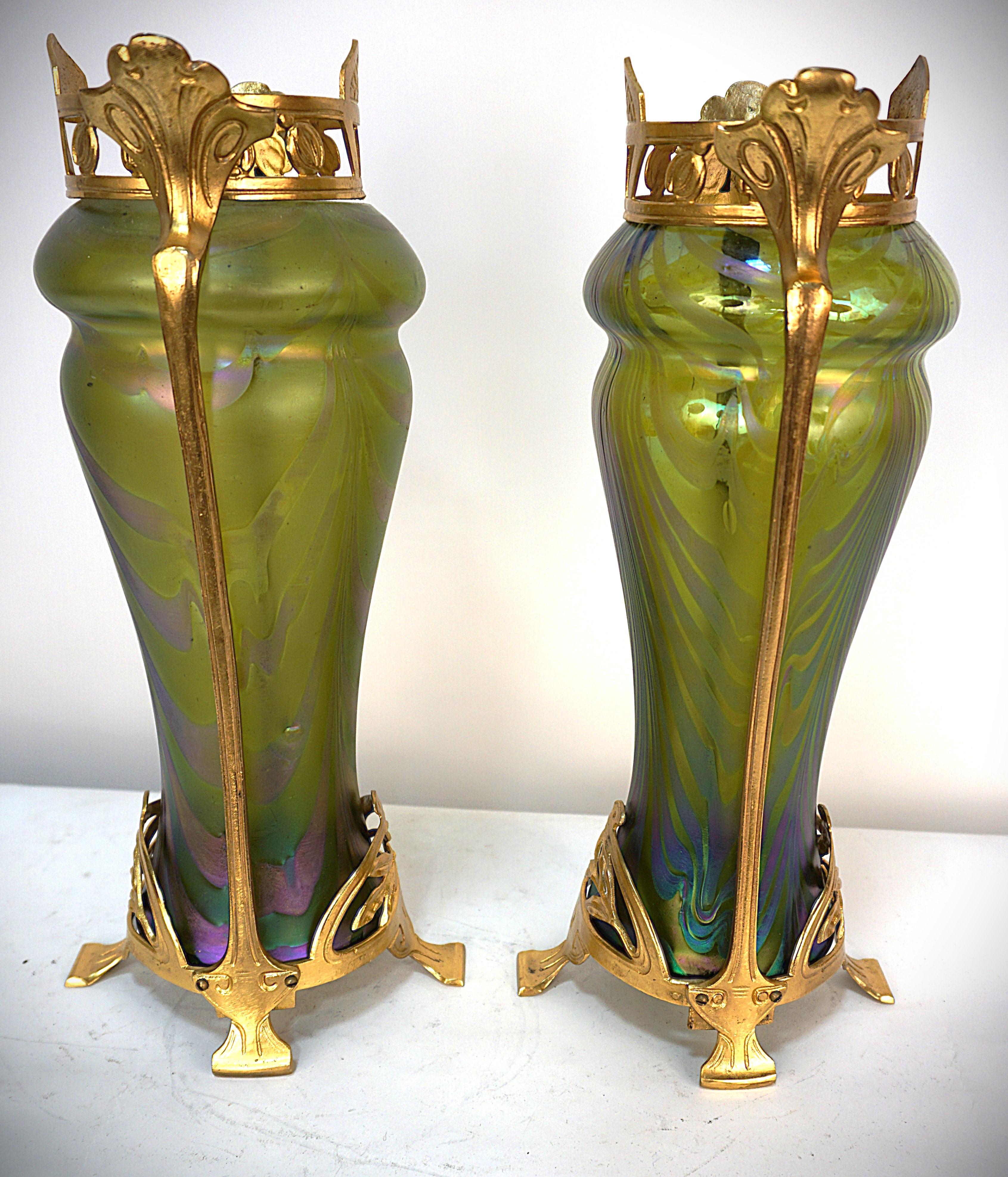 Pair of Loetz Style Iridescent Art Nouveau Glass and Dore Bronze Vases. 2